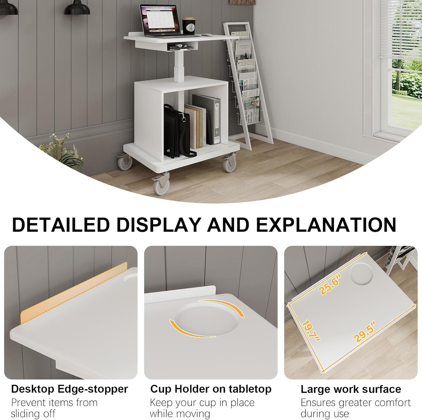 Natwind Mobile Workstation, Rolling Laptop Cart with Large Surface & Pneumatic Height Adjustable Design, for Medical Hospital Clinics, Office Presentation, Teachers Podium, with Drawer & Open Cabinet