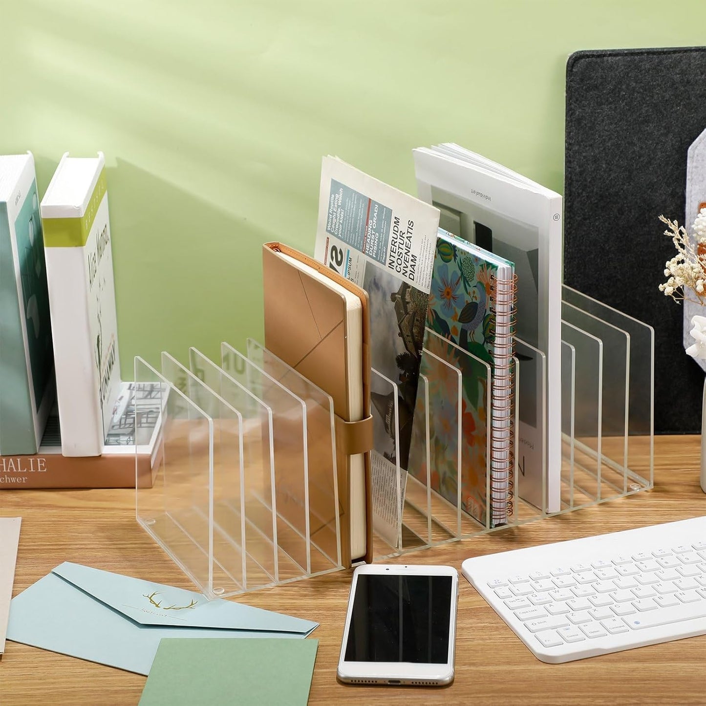 Ctosree Acrylic File Organizer for Desk Vertical 15 Compartments File Sorter Mail Organizer Desktop Countertop Folder Stand Racks for Office Home School Desk(Rectangle,Clear)