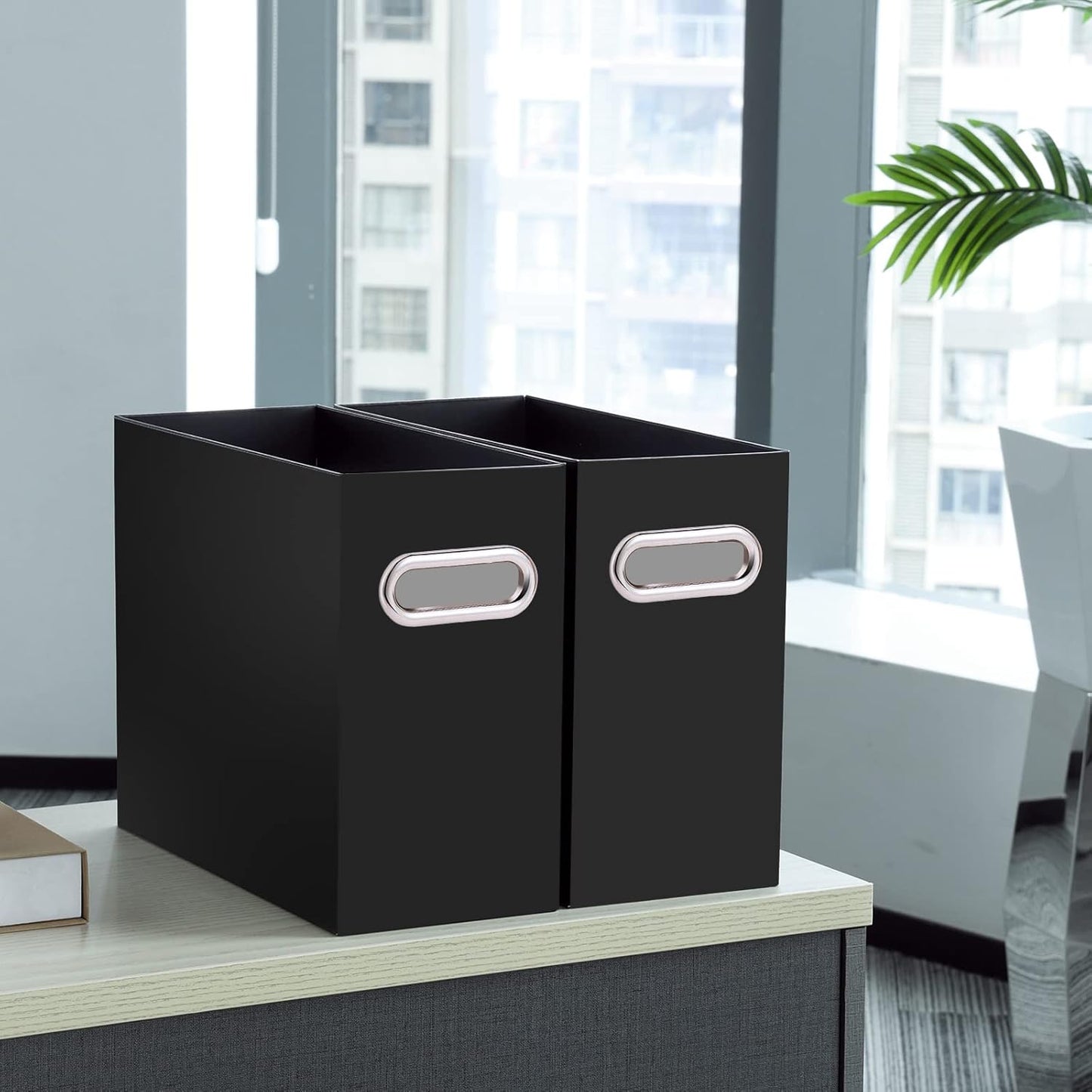 Oterri File Organizer, 2 Packs Small Storage Box, Cardboard File Folder Organizer, Collapsible File Box for Hanging File Folders Letter Size, Portable Filing Organizer with Handle(Black)