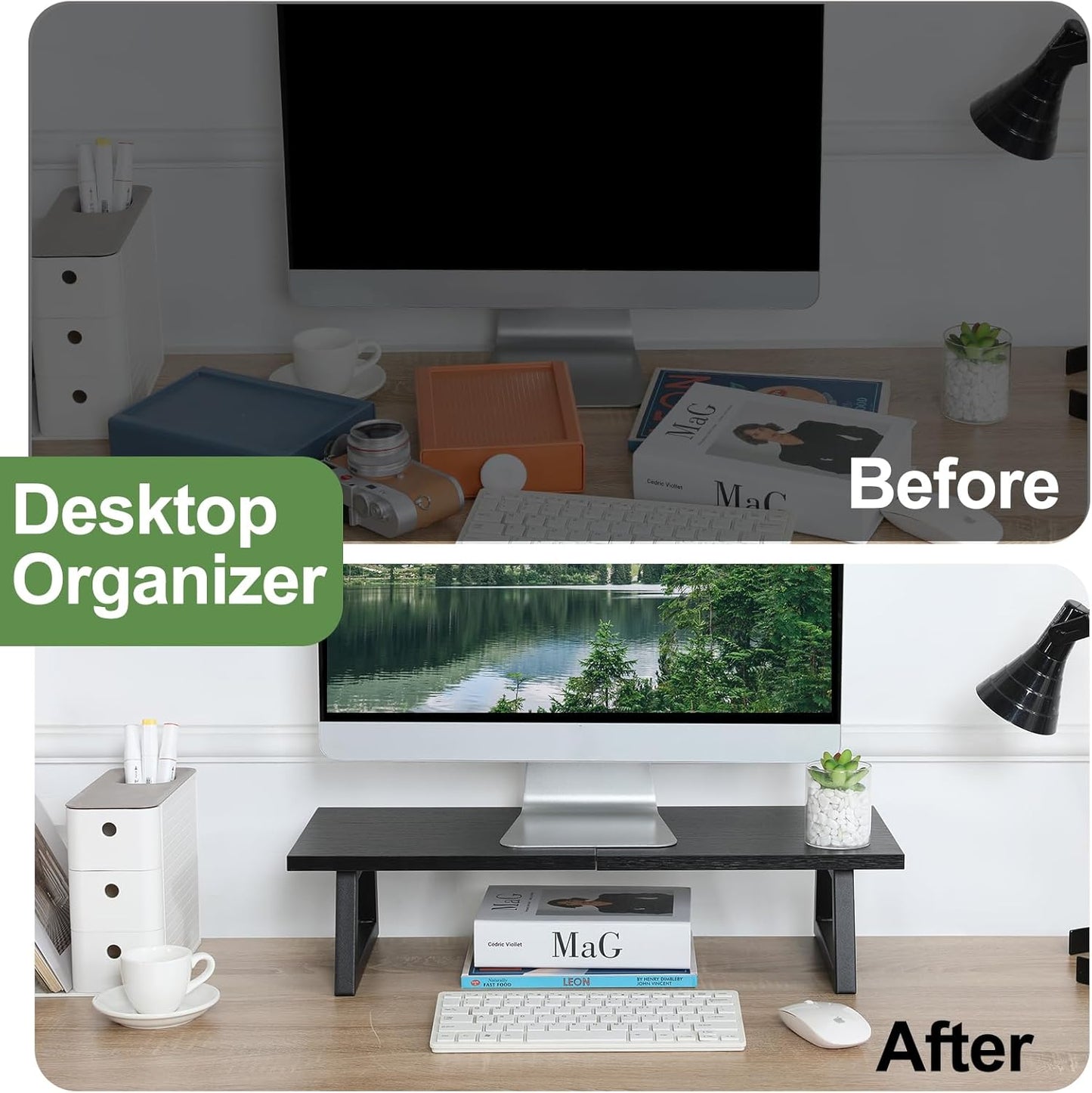 TEAMIX 24 inch Monitor Stand Riser, Black Wood & Steel Computer Monitor Stand with Storage, Laptop, PC, Printer Stand Riser for Desktop Office Desk Organizers