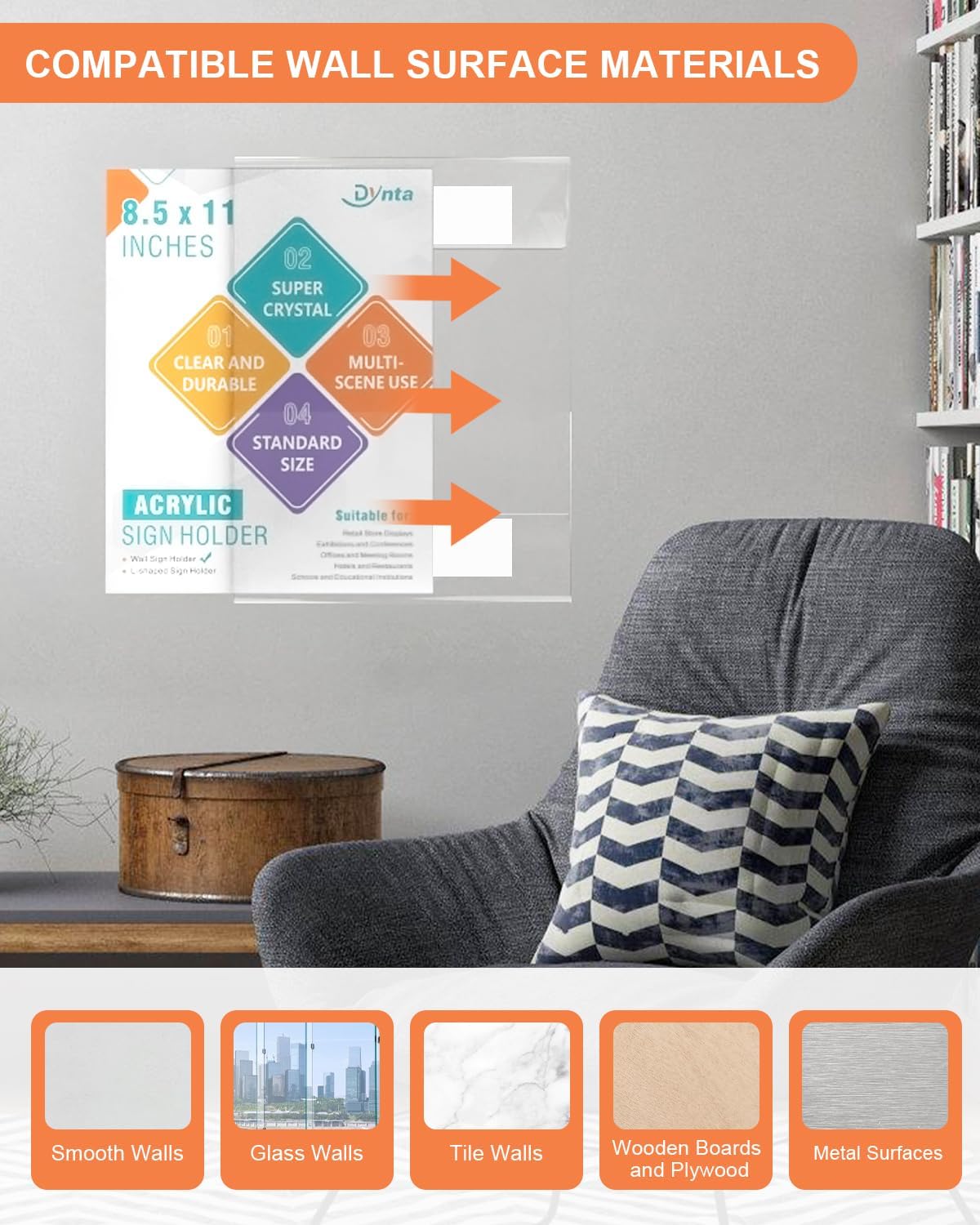 Dynta 6 Pack Acrylic Sign Holder 8.5 x 11 with Double Sided Adhesive Tape, Plastic Sign Holder Wall Mount, Memo Document Flyer Brochure Menu Holder for Office Home Store Restaurant