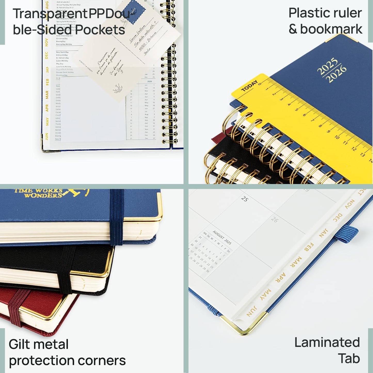 POPRUN Monthly Planner 2025-2026 Spiral Hardcover (6.25'' x 8.5''), 18 Months Calendar (Jul.2025 - Dec.2026)- 2 Pages per Month with Dotted Note Pages, Sunday Start, Laminated Tab - Burgundy