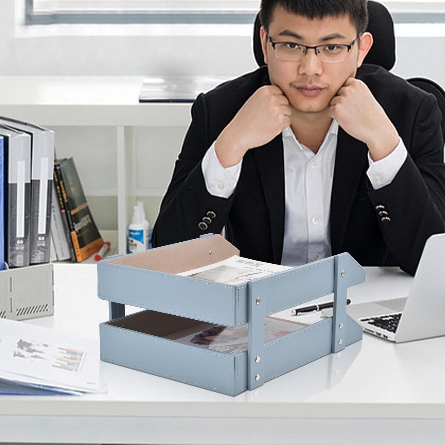 Leather Desk Letter Tray,Office Supplies Paper Organizer for Mail Paper Files Magazines Jewelry Cosmetics,Fashion Letter Holder& 2-Tier Multipurpos Stackable Office Desktop Storage Box,Grey