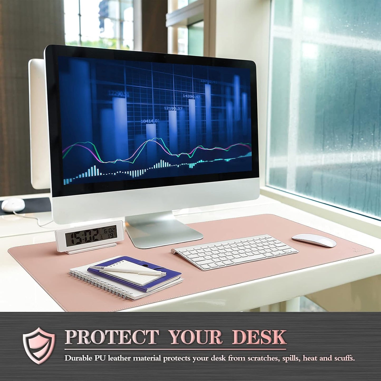 K KNODEL Desk Mat, Blotter, Dual-Sided Office Desk Pad, Waterproof Desk Mat for Desktop, Desk Blotters, PVC Leather Pad Protector (Pink, 31.5" x 15.7")