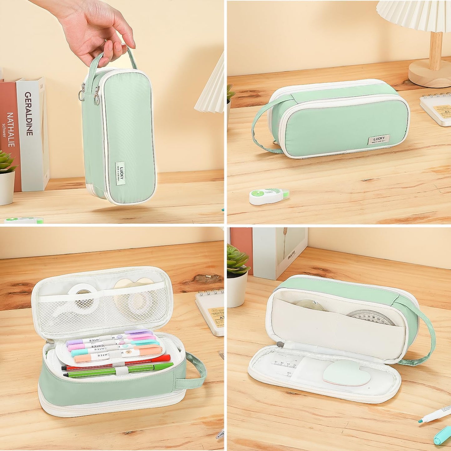 Pencil Case Large Zipper Pencil Pouch for Girls Kids Teens Adults Aesthetic Pencil Bag Stationery Organizer Pencil Case with Handle for School Green