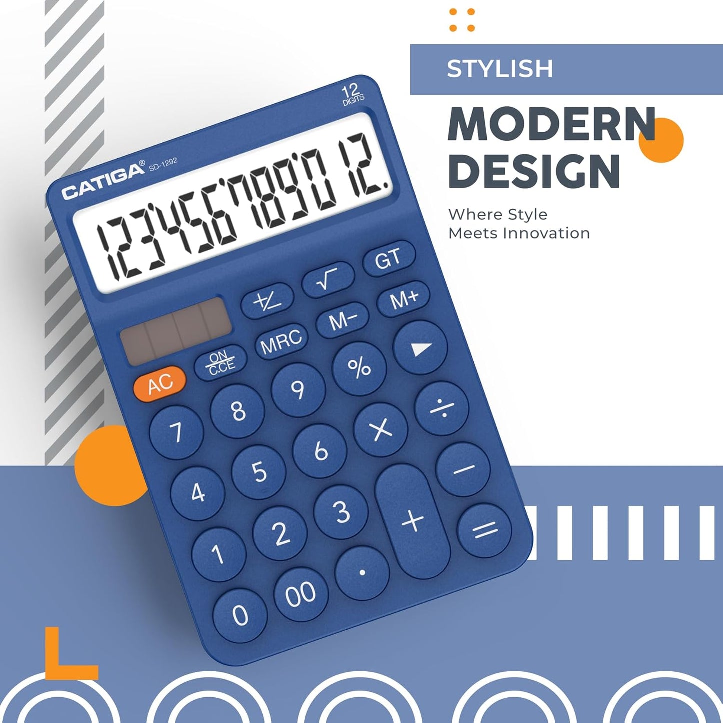 CATIGA 12 Digit Desktop Calculator Basic Desk Calculator with Large LCD Display, Big Buttons, 4 Function, Solar and Battery Dual Power, for Office, School, Home, SD-1292 Navy Blue