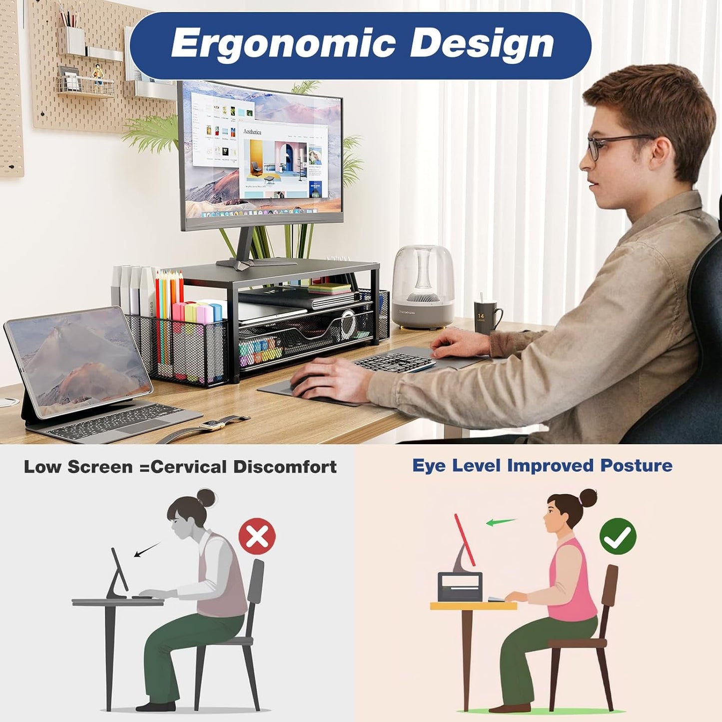 Desk Organizers and Accessories, 2-Tier Computer Monitor Stand with Drawer and 2 Pen Holders, Laptop Stand, Office Desk Accessories for Office Supplies, Rose Gold