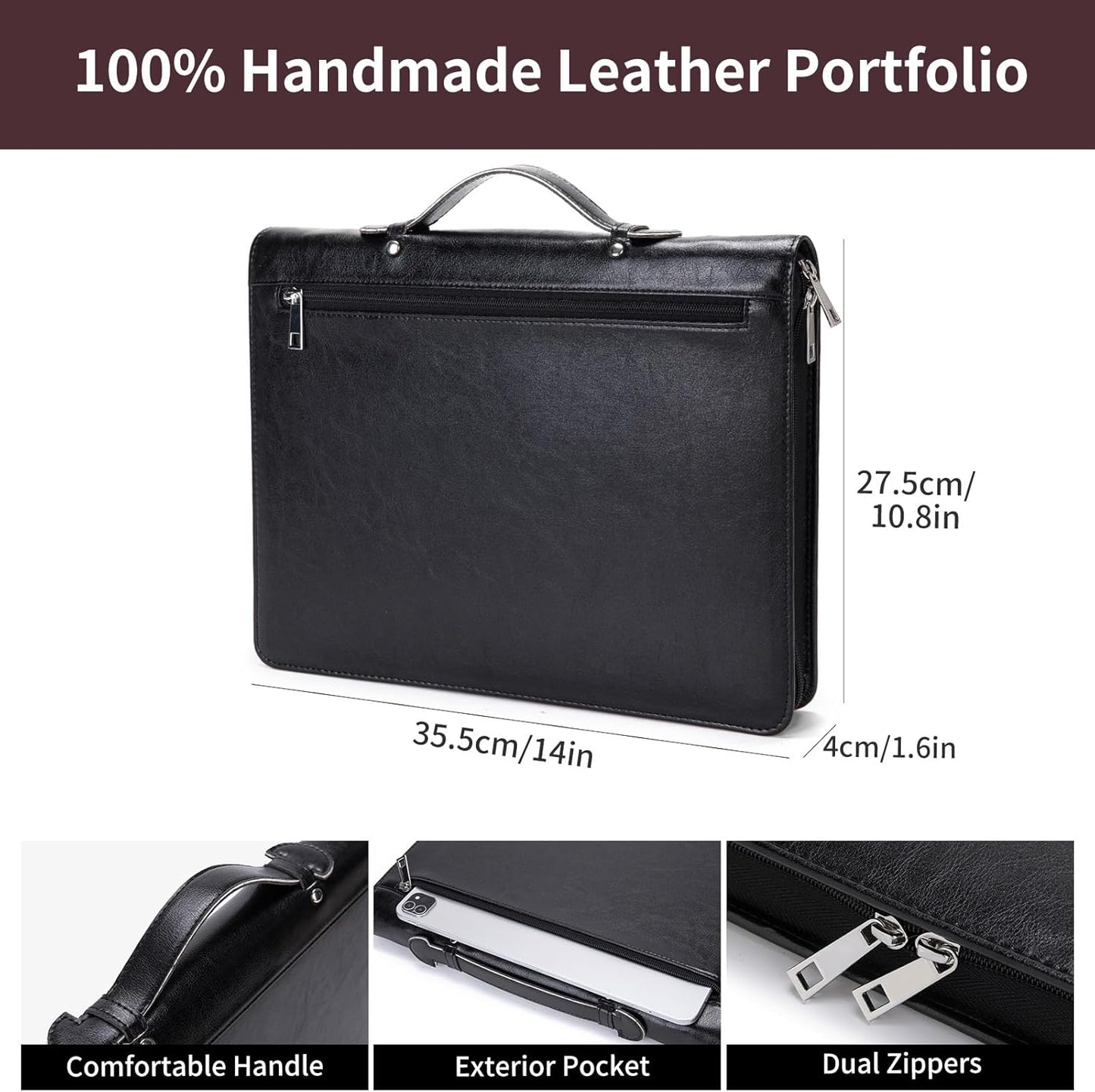 Vegan Leather Portfolio with Hidden Handle, Zippered Front Pocket, Business Padfolio for Men and Women, 8.5 x 11 Legal Pad Notebook Holder, Office Letter Notepad Folio, Black