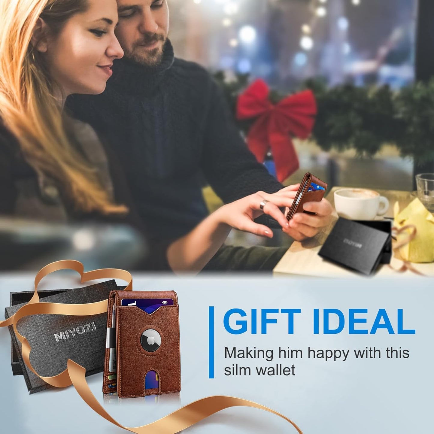 Airtag Wallet for Men,with Money Clip 11 Cards Slim Front Pocket Leather RFID Blocking Wallet with Gift Box