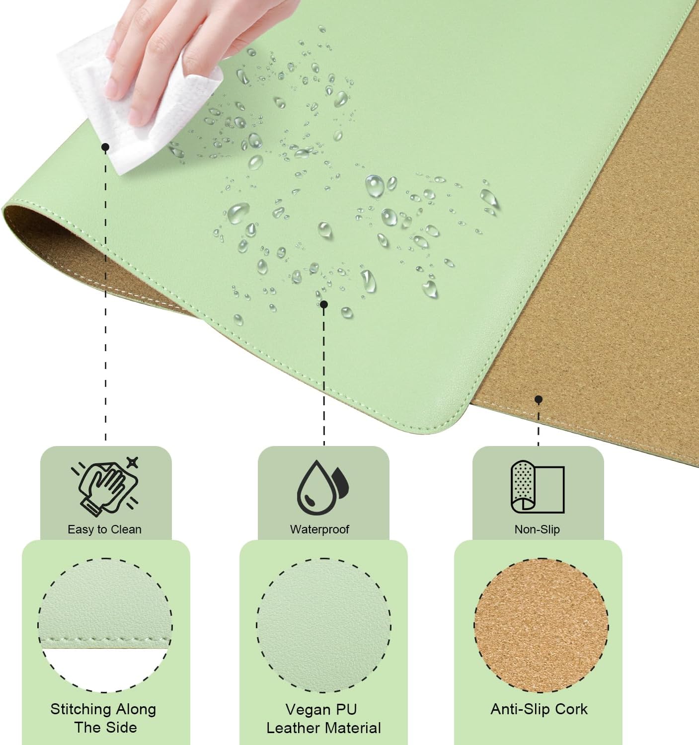 Large Non-Slip PU Leather Office Mat, 55'' x 17'', Laptop Desk Blotter Pad for Home & Office, Light Green