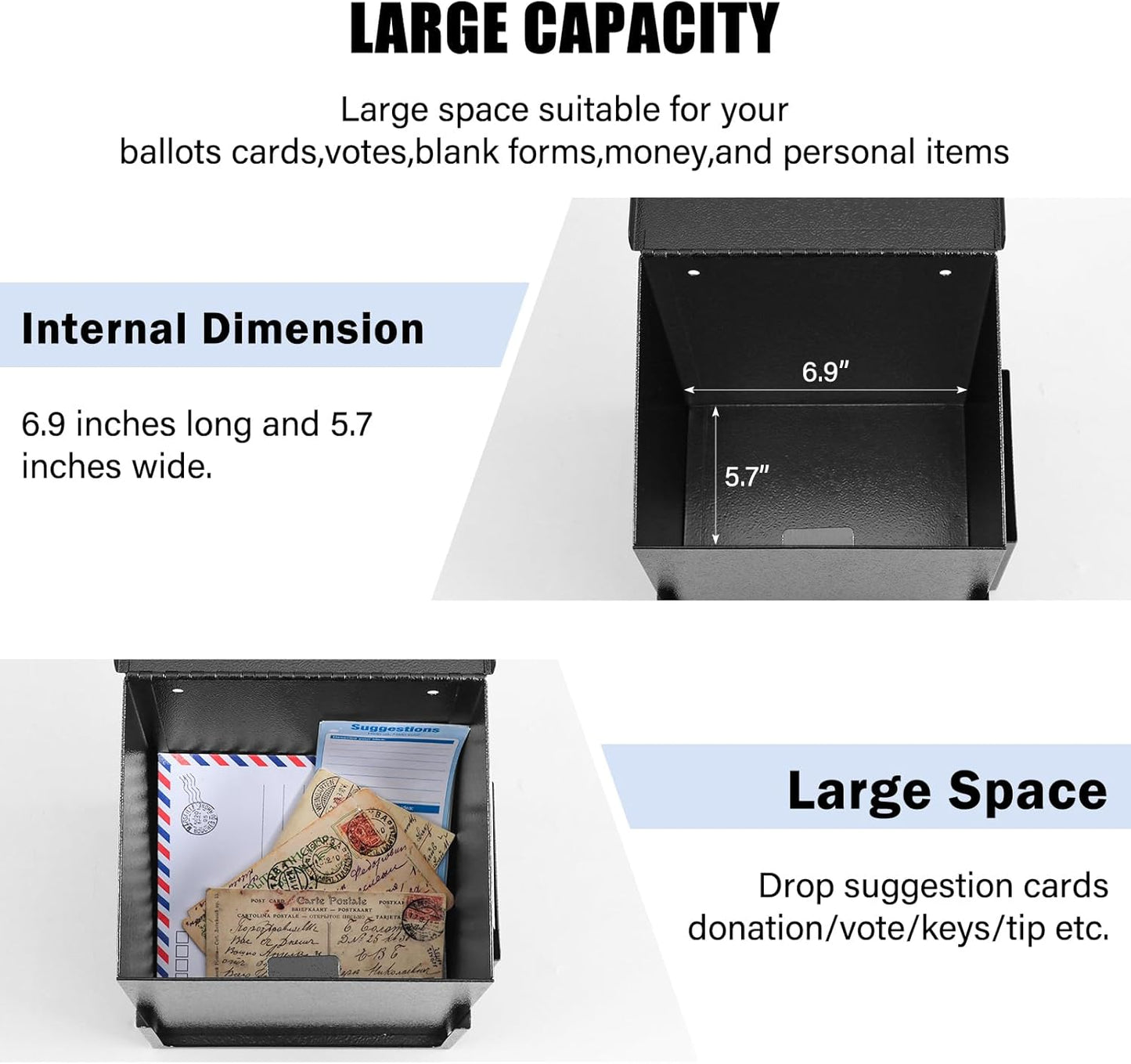 xydled Suggestion Box with Key Lock Acrylic Sign Holder, Metal Donation Ballot Drop Box with Slot Tip Jar for Office, Fundraising, Church, School,8.9''x7.1''x6.3'', Black