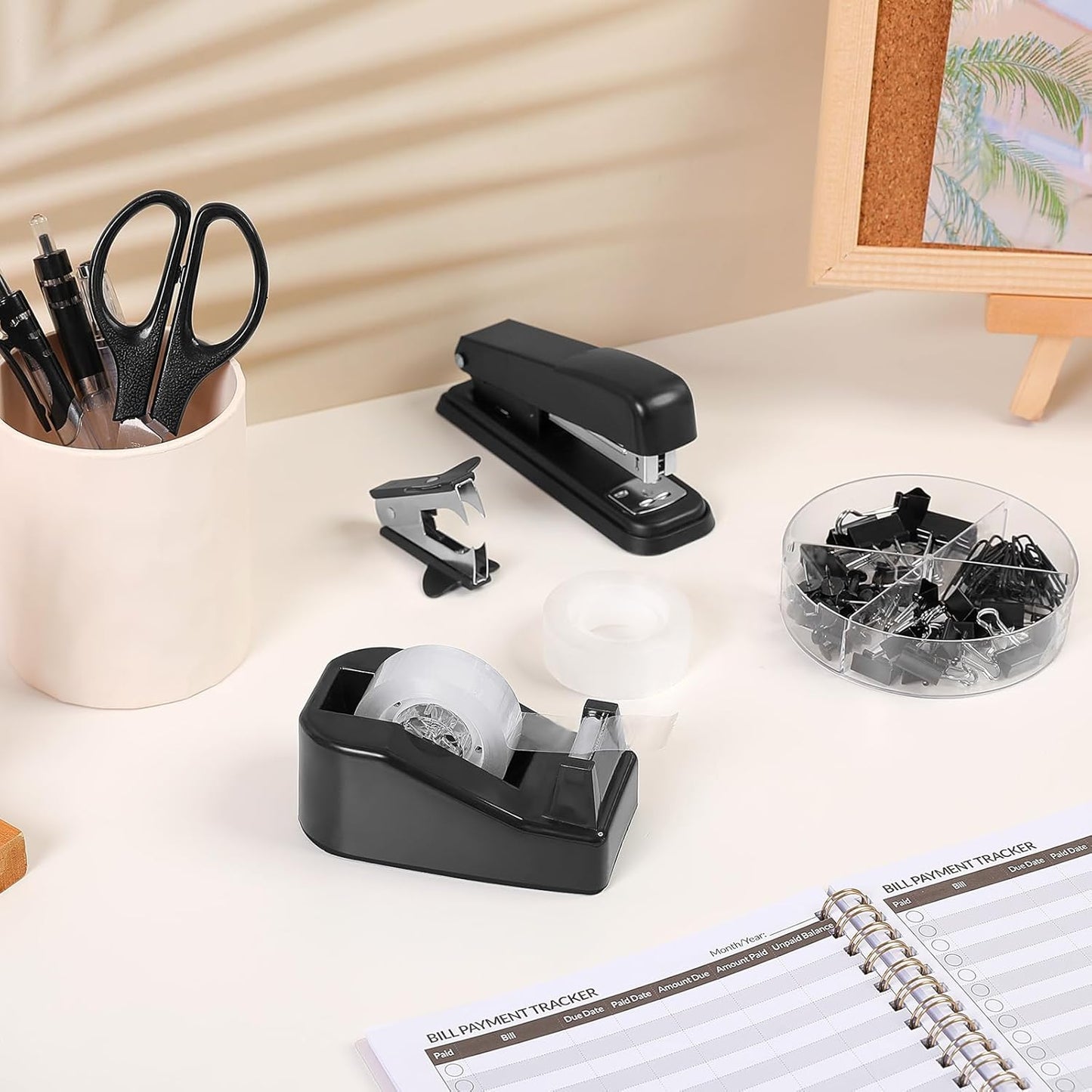 SKYDUE Black Office Supplies Set, Black Desk Accessories, Stapler, Tape Dispenser, Scissors, Binder/Paper Clips and 1000pcs Staples, Desk Supplies Set