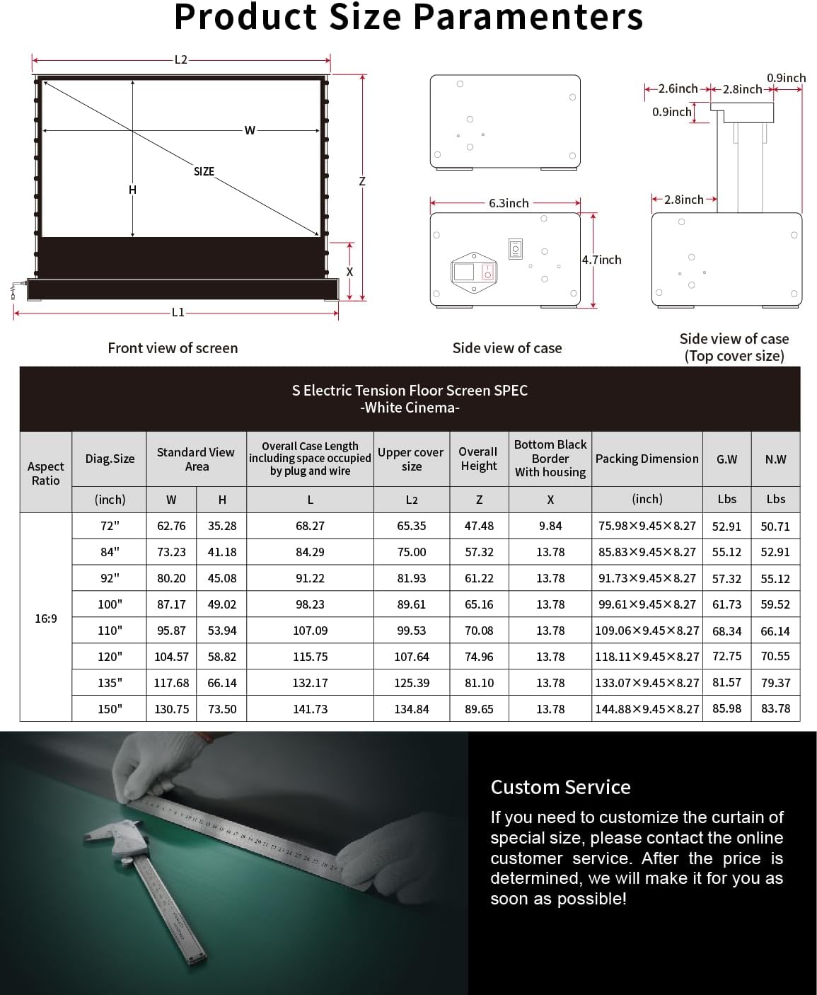 VIVIDSTORM-Movie Screen S 84 inch Motor Rollable Foldaway Portable Screen with White Cinema PVC, 4k 3D HD Gaming/Office Room,Compatible with Standard Projector,VWSDSTW84H