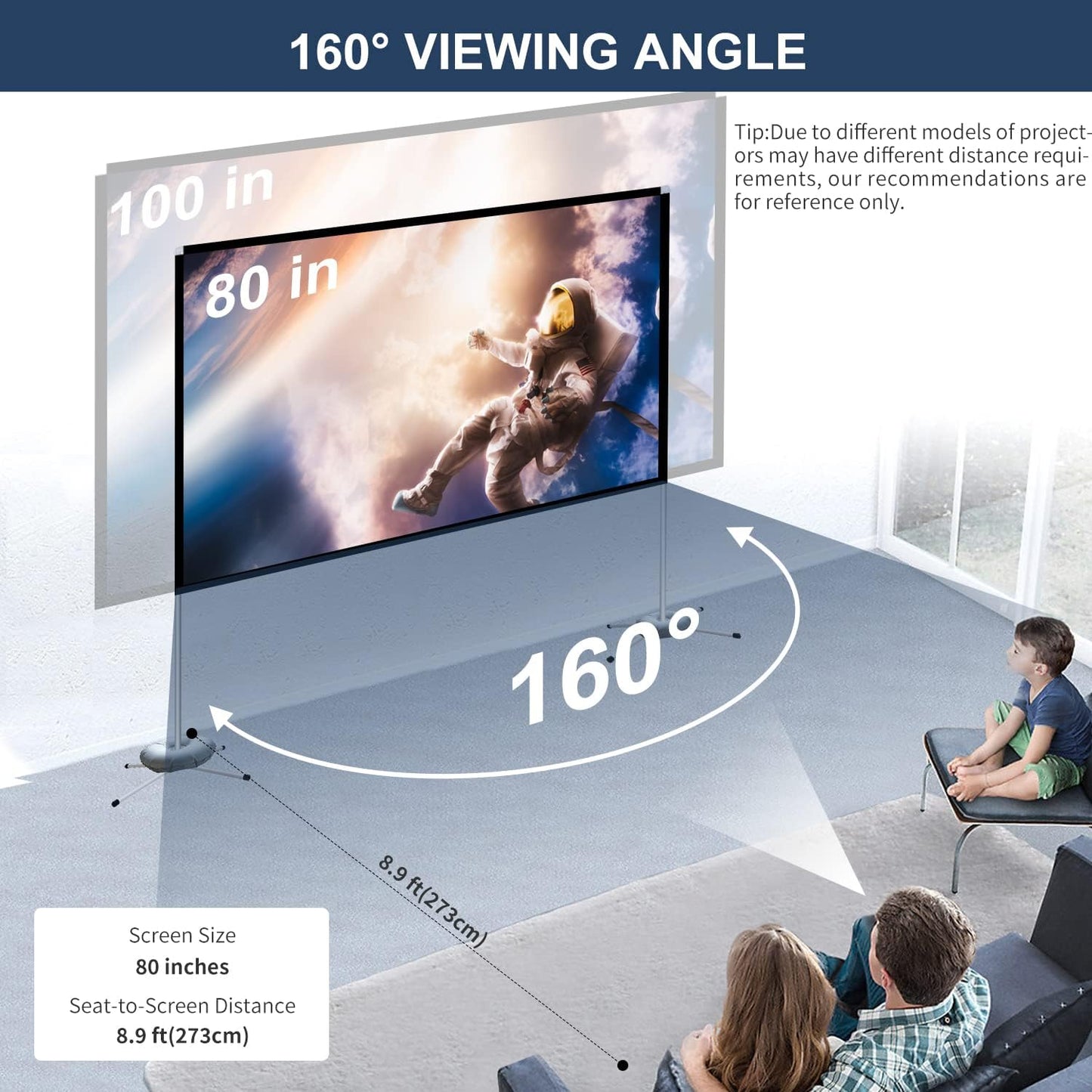 Projector Screen Portable Outdoor Movie: Projection Screens Stand 4K Cinema 80 inch for Camping White