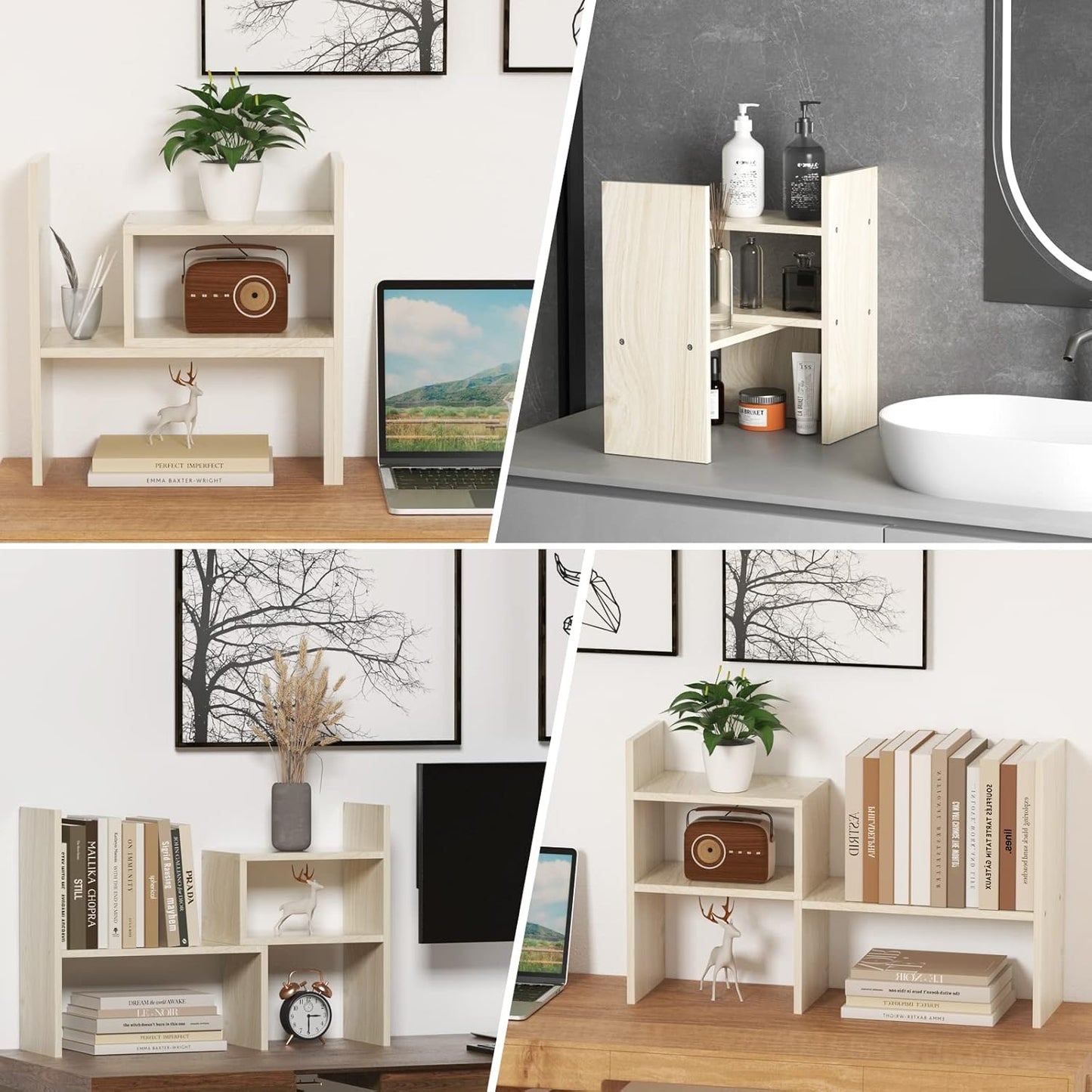 TY ARTS & CULTURE - Expandable Wood Desktop Storage Organizer Multipurpose Desk Bookshelf Display Shelf Rack Counter Top Bookcase for Office Home | Natural Beige