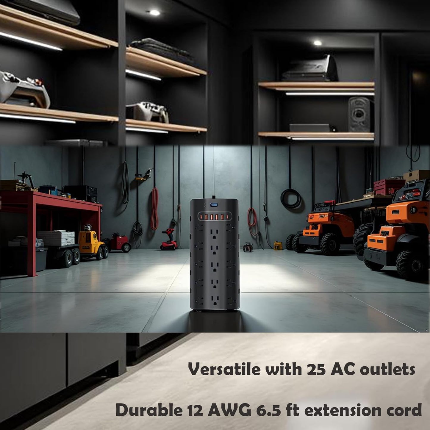 20 Amp Power Strip Surge Protector,Heavy Duty 12 Gauge 6.5 ft Extension Cord,25 AC Outlets,6 Fast USB Ports,4000 Joules,2500W/125V,Office Workshop Household Garage Black,Insurance Coverage.