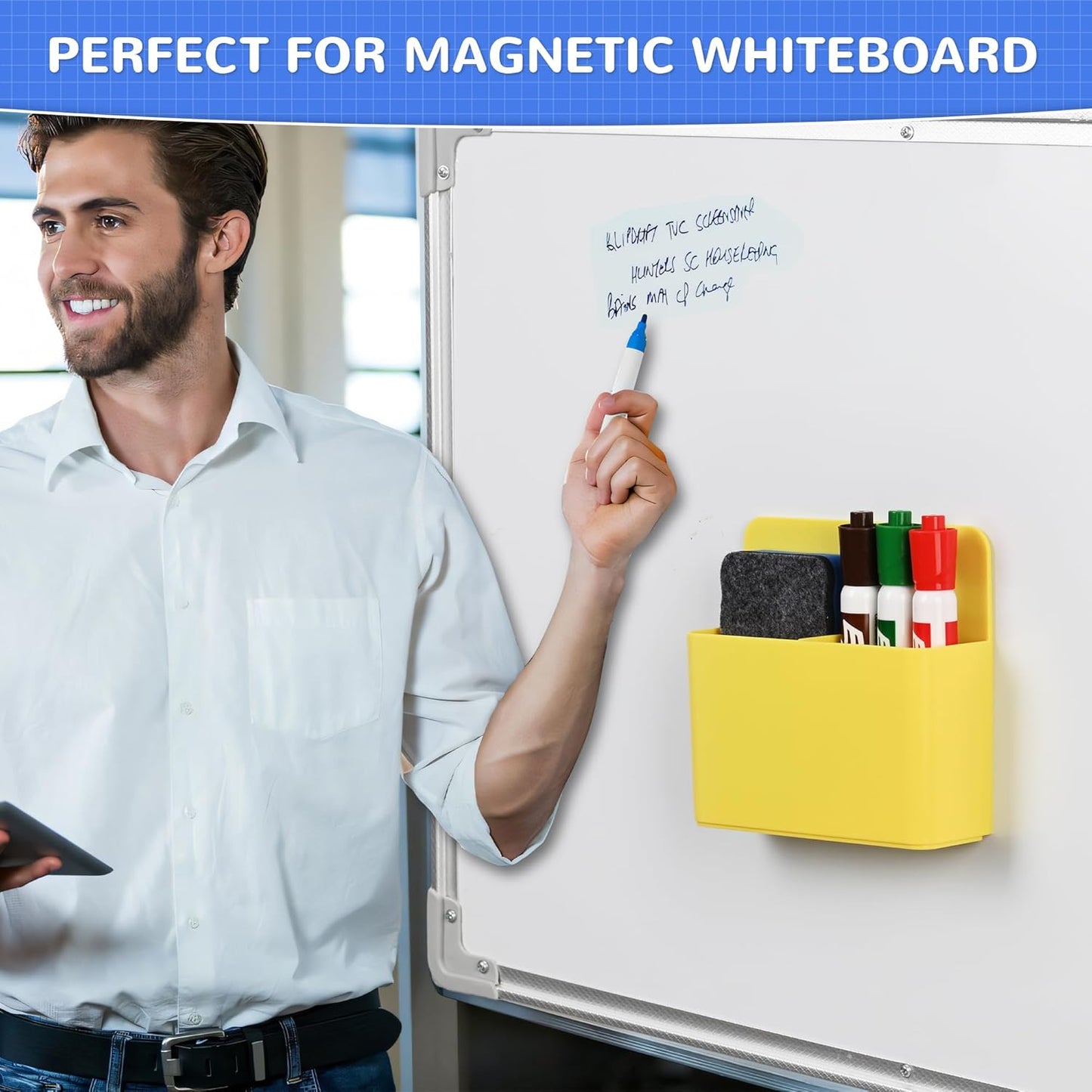 Magnetic Dry Erase Marker Holder, Magnetic Pen Marker Holder for Whiteboard, Fridge, Locker Accessories, School, Office, Home, Magnet Pen Cup,1 Pack, Yellow