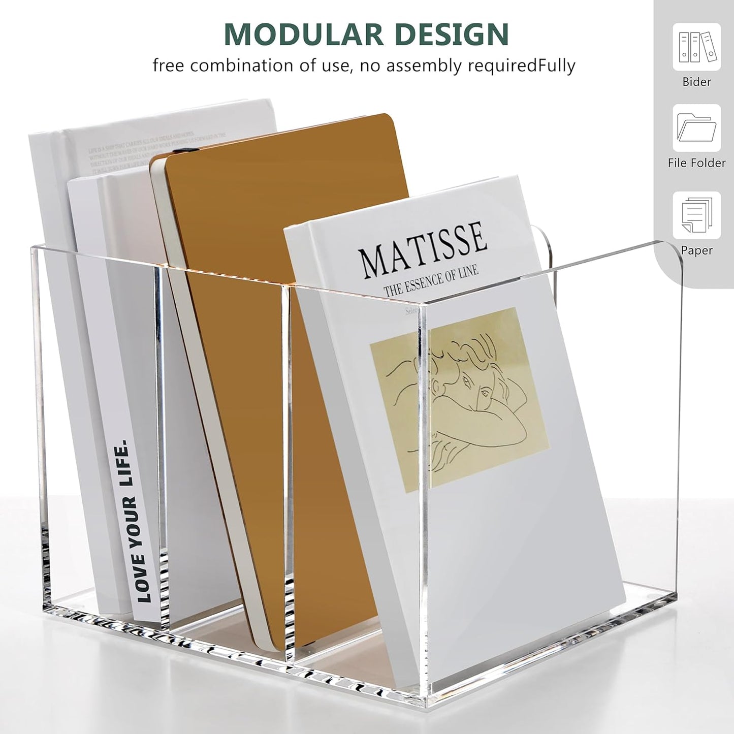 Acrylic Magazine Holder Desk Organizer Workspace Sorters,Clear Bookend File Sorter Holder,Folder Rack, Office Accessories Organization Storage with 3 Vertical Compartments