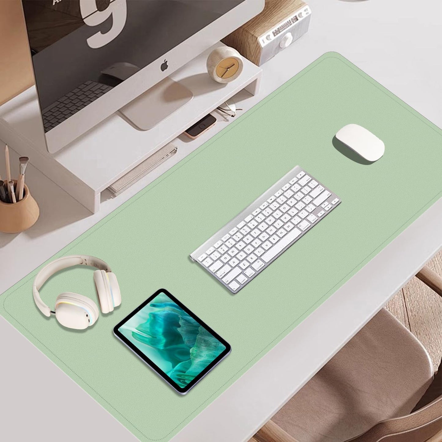 BLESWIN Large Desk Pad Mat 47.2"" x 17"", Office Desk Mat, Non-Slip PU Leather & Cork Desk Blotter for Keyboard and Mouse, Large Desk Mat, Large Mouse Pad for Office & Home(Light Green)