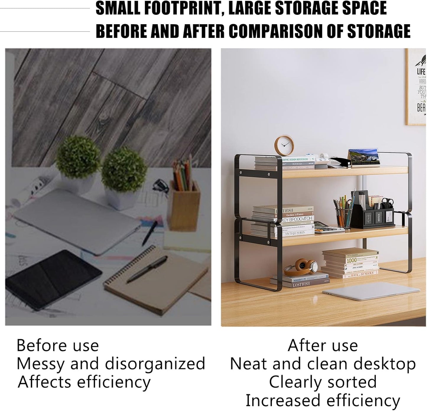 YGYQZ Wood Office Desk Shelf Organizer - Desktop Supplies Cute Dresser Top Organization Storage Rack and Cubicle Decor Aesthetic Bookshelf for Women Man and Kids (Black-Two Tier)