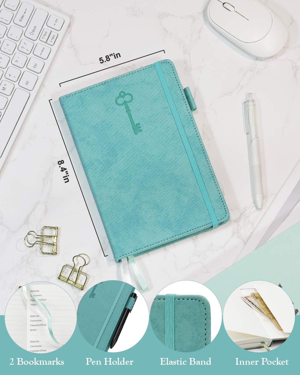 Password Keeper Book with Colorful Alphabetical Tabs, Hardcover Password Log-book for Internet Password and Website Address, 5.8"×8.4" Password Notebook for Home Office (Turquoise, Medium (5.8 x 8.4 Inch))