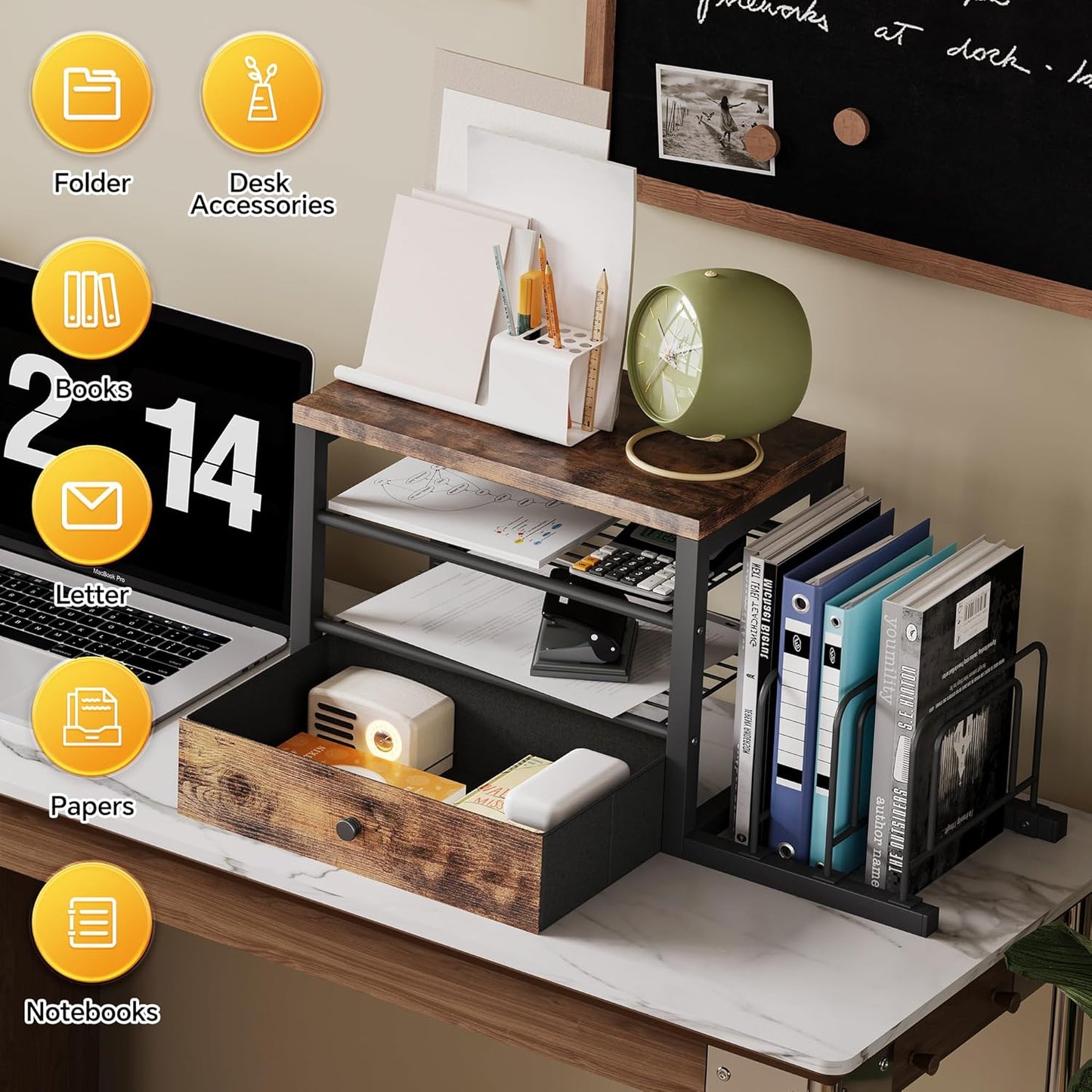 Wood Desk Organizer with Drawers, Desk File Organizer with 3 Vertical File Holders, File Shelf,Storage for Mail, Supplies,Classroom Organization