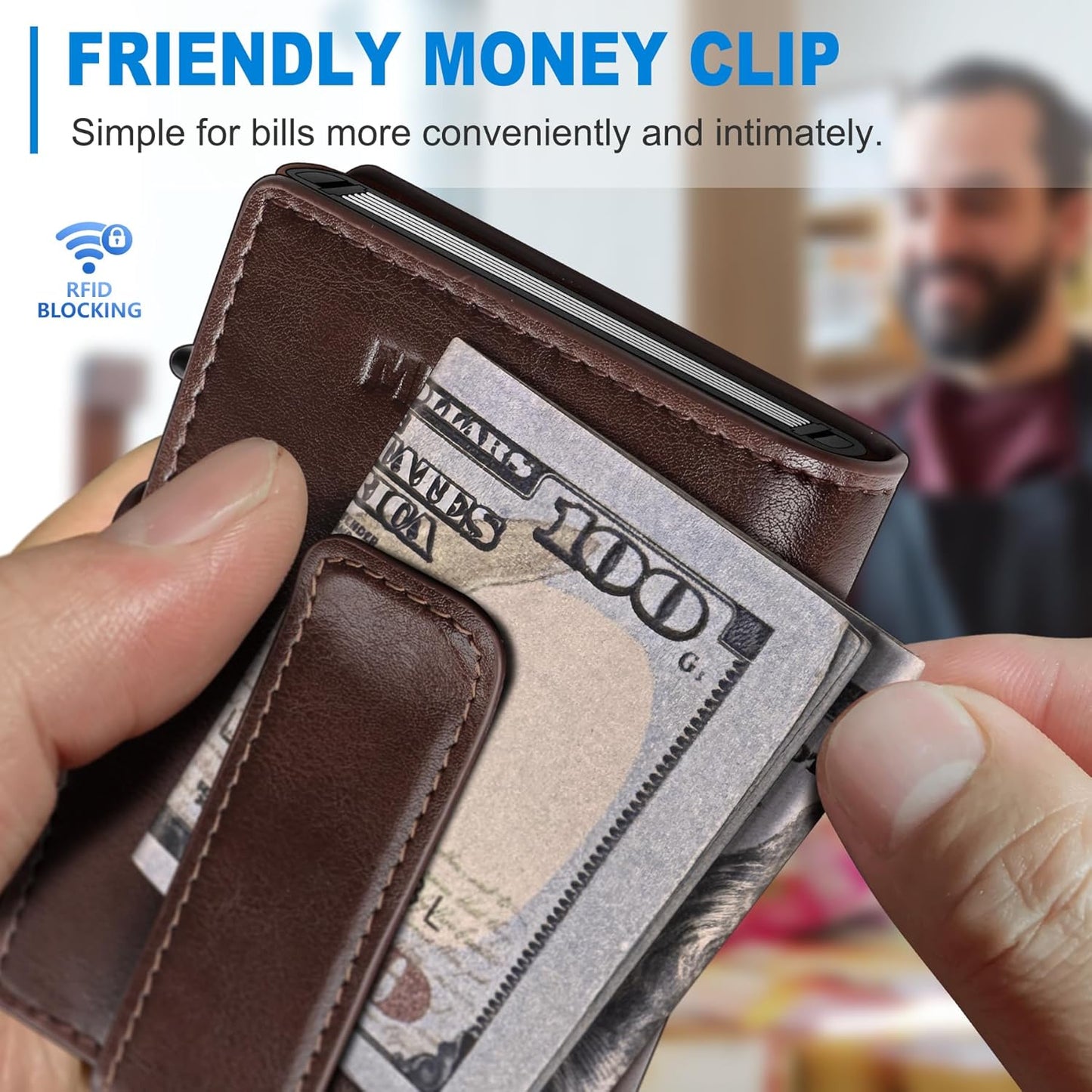 Wallet for Men with Money Clip Coins Pocket ID Window Gift Boxed,Slim Smart Front Pocket RFID Blocking Wallet Pop-up Card Holder in Magnetic Leather Flip 3.9"x 2.7"