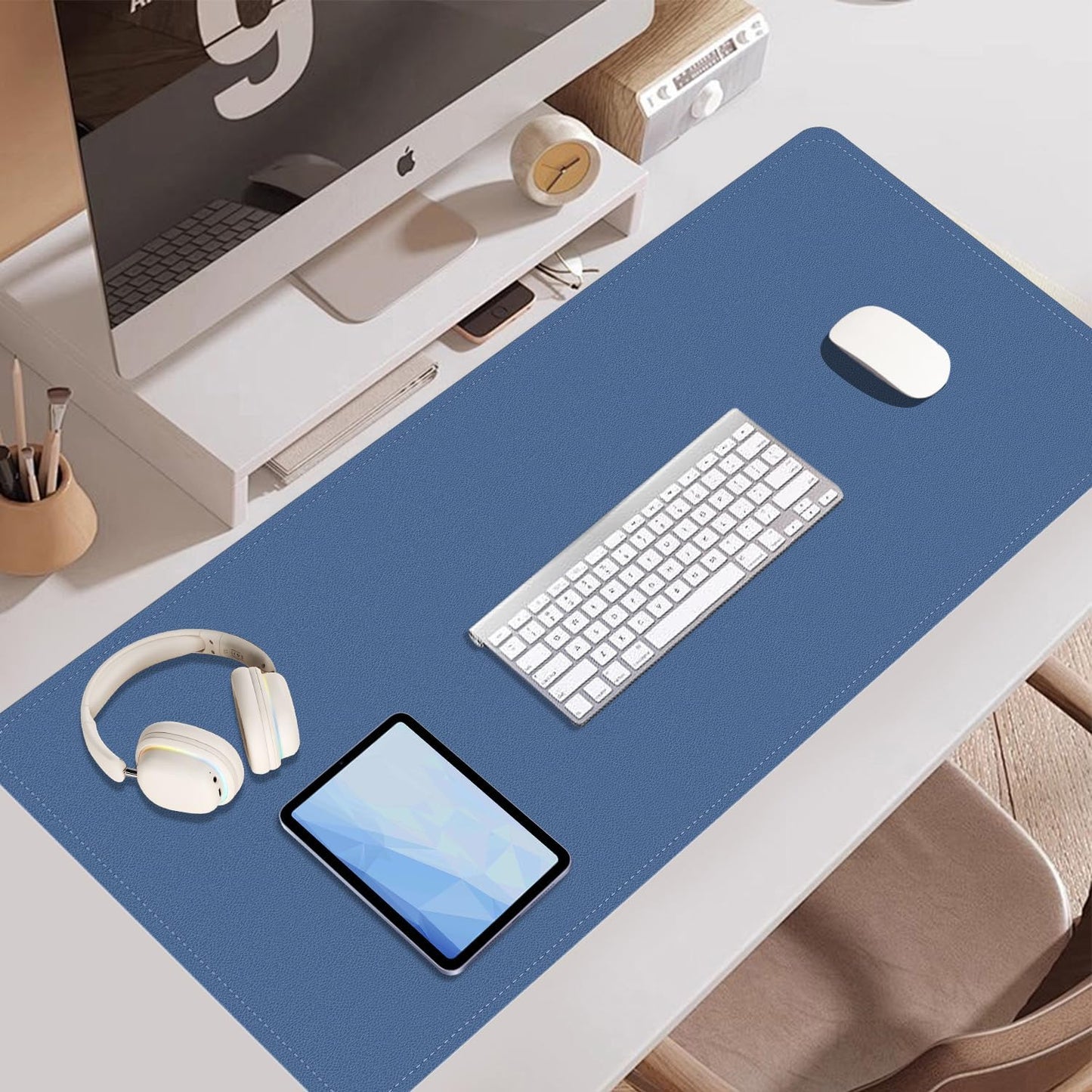 BLESWIN Large Desk Pad, 47.2'' x 23.6'', Office Desk Mat, Computer Mat for Desk, Leather Desk Pad Protector, Sewing Desk Blotter, Desktop Writing Pad for Office/Home/Decor Lake Blue