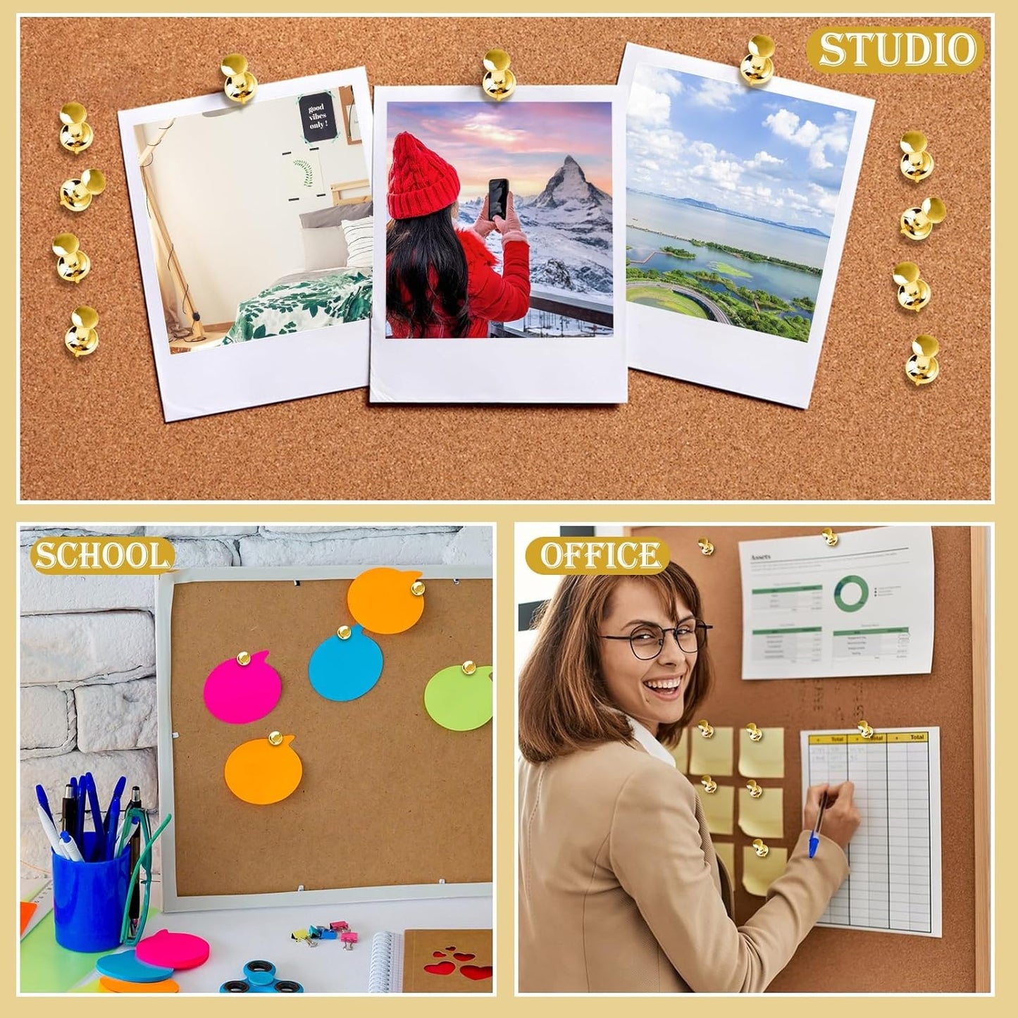 220 Count Gold Push Pins, Standard Plastic Head Steel Point Gold Thumb Tacks Decorative Push Pins for Cork Board Wall Hanging