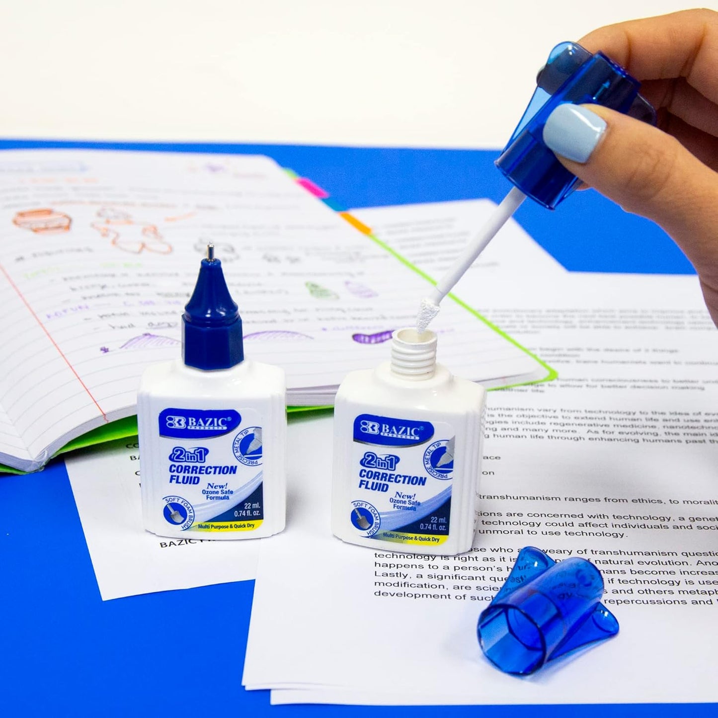 BAZIC Correction Liquid 2 in 1 (0.74 oz / 22 ml), Foam Brush & Precise Metal Tip Applicator, Instant Corrections Pen White Out Wipe Out Fluid, 24-Pack