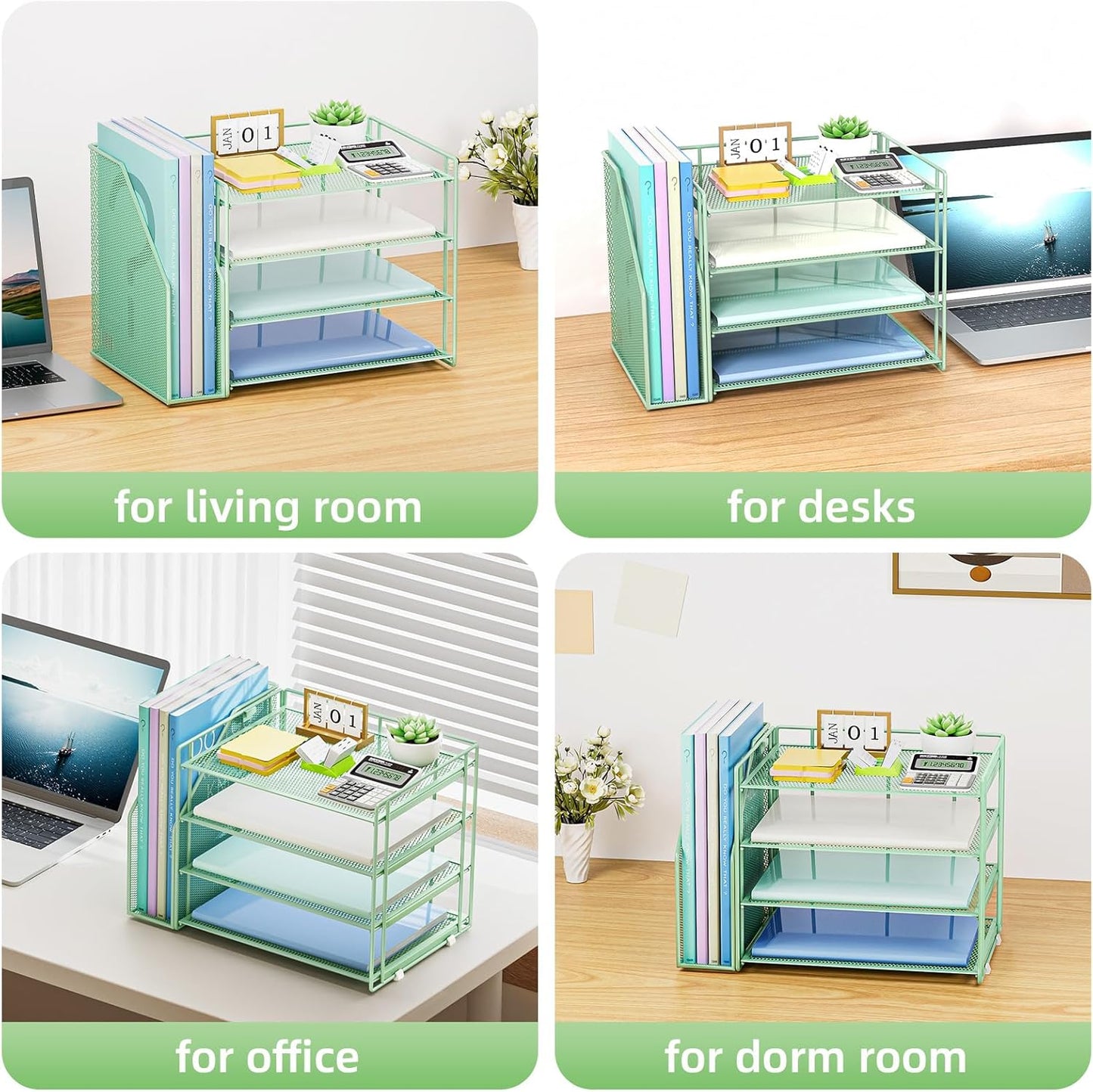 Marbrasse Desk Organizer and Accessories,4-Tier Paper Letter Tray Organizer with File Holder,Desk Accessories & Workspace Desktop Organizers for School Home Office Supplies (Green)