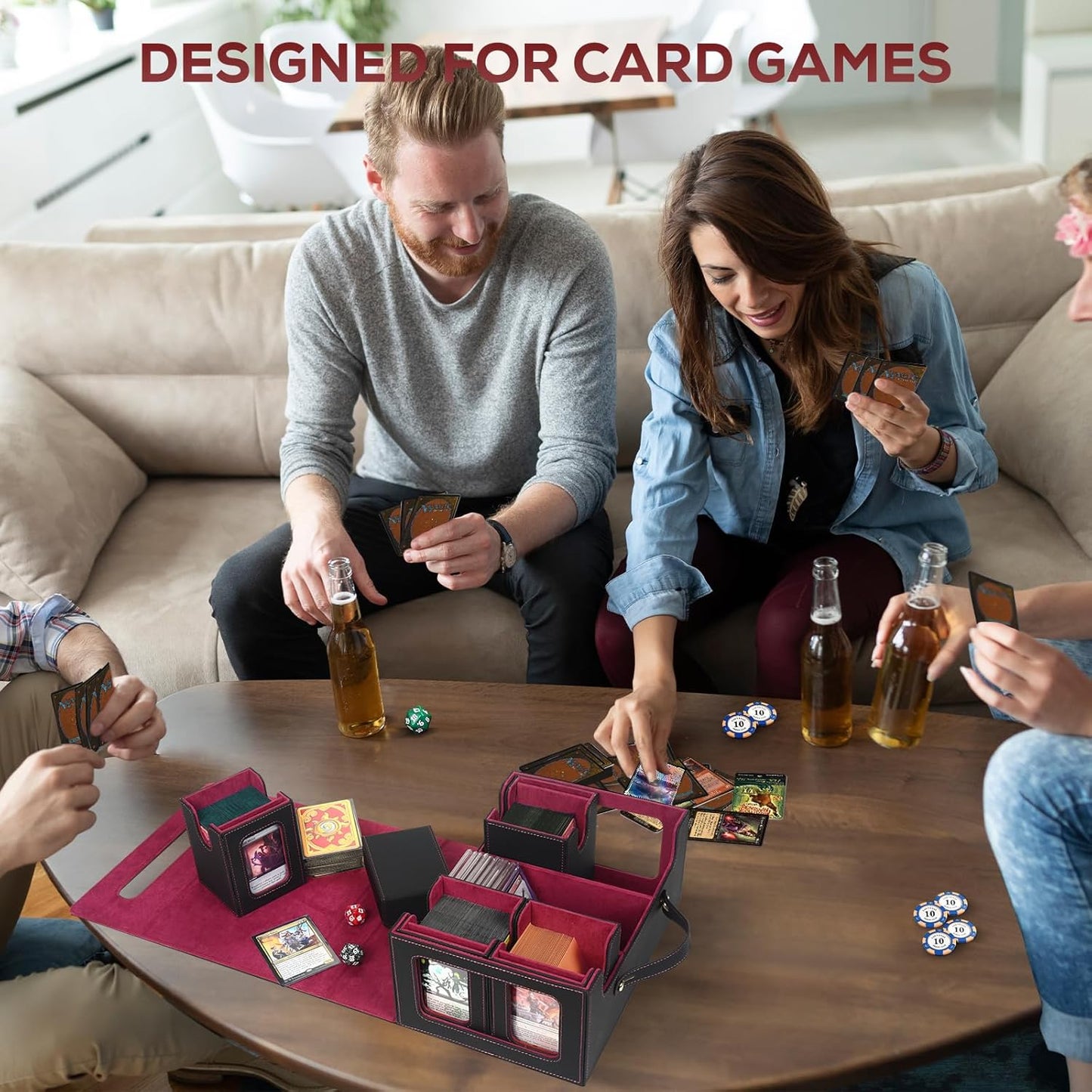 Trading Card Storage Box for MTG, card storage box with Commander Display,Multi-purpose Deck Case for MTG TCG Sports Card, 4 Toploaders, 4 Stoppers, 4 Colorful Dividers (Black & Red)