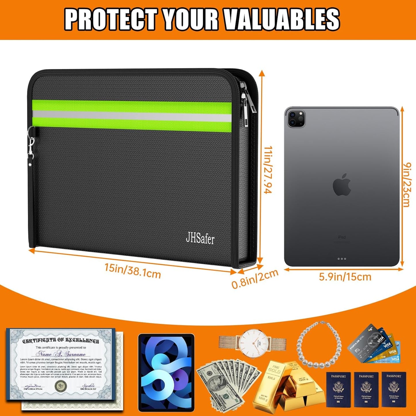 6400℉ Fireproof Document Bag,15” X 11” Waterproof Fireproof Money Bag with Zipper,12 Layers Insulated Fireproof Safe Bag with Reflective Strip for Documents,Passports,Cash,Valuables