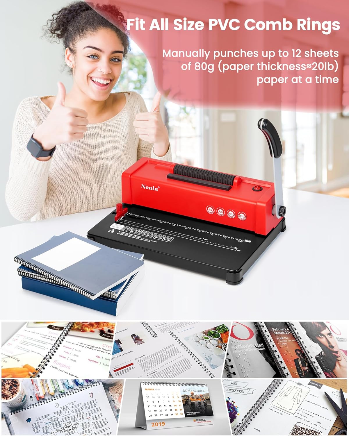 46-Hole Binding Machine Spiral Coil Binder Classic Red,DIY Book Binder Kits with Electric Coil Inserter,100pcs Comb Binding Spines,for Letter Size/A4/A5 School Office Home