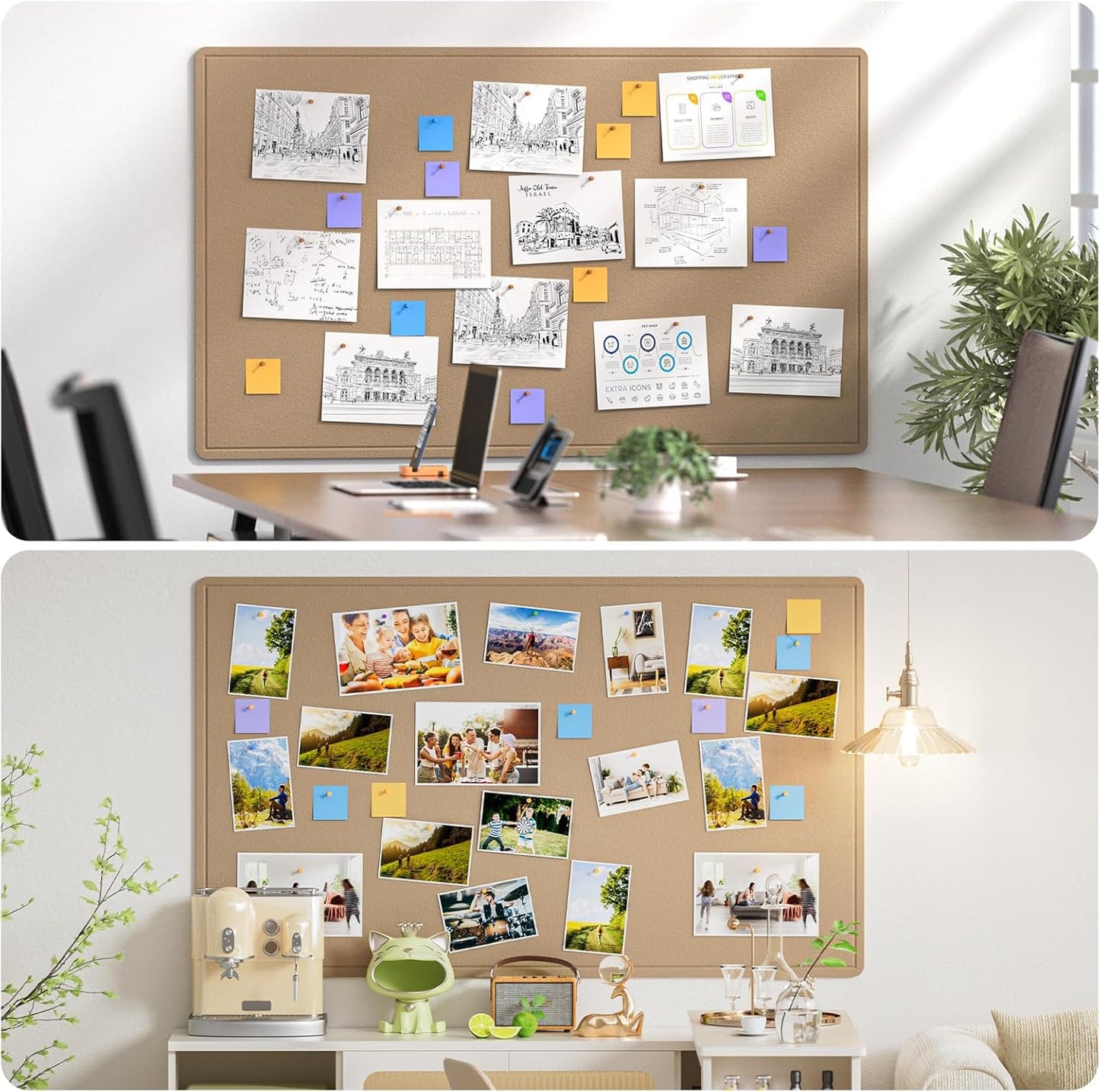 MaxGear Extra Large Bulletin Board 60" x 36", Foldable Felt Board Vision Board Supplies, Cork Board for Office, Home, School, Small Pin Boards for Walls Decorative Display Board Beige Brown