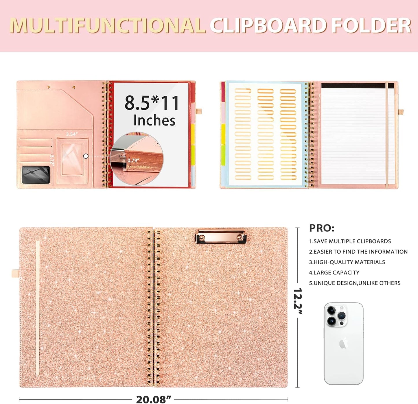 Clipboard with Storage for Men Women, Leather Padfolio Portfolio Organizer 5 Folders with 10 Pockets, Spiral Clipboard Folio with Notepad for Letter Size, Elastic Closure and Pen Loop Rose Gold