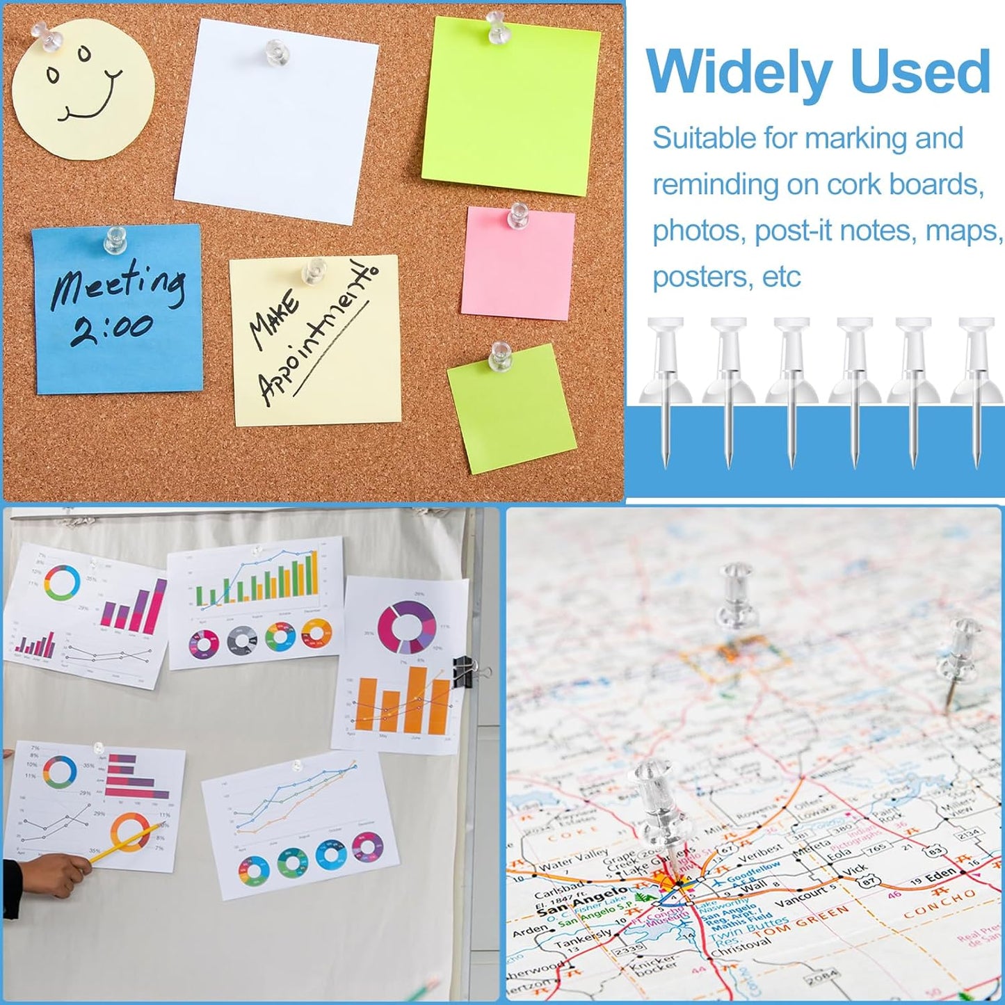 2400 Pcs Clear Push Pins Standard Thumb Tacks with Steel Point and Plastic Head PushPins thumbtacks for Wall, Cork Board, and Bulletin Board