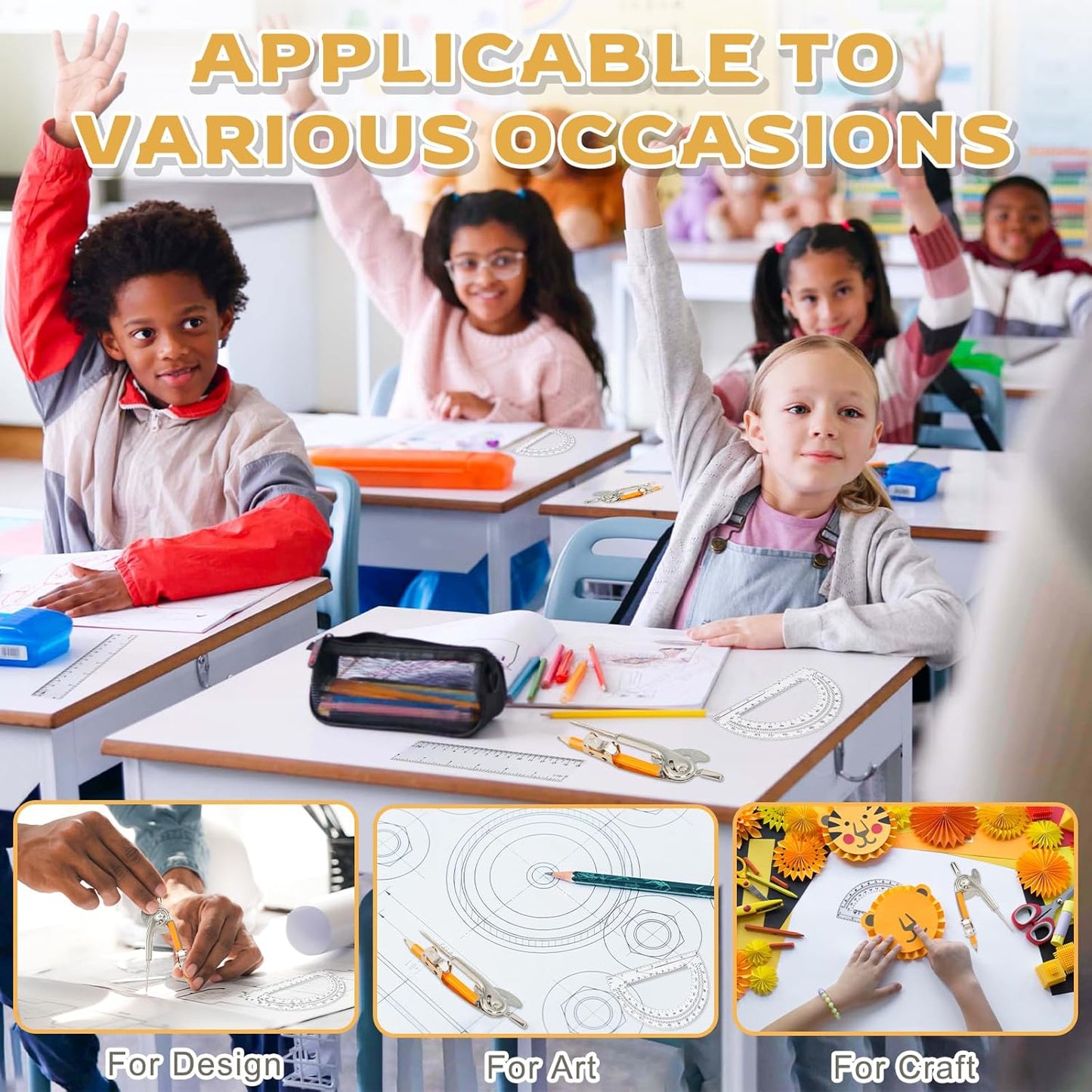 4 Pieces Geometry Math Set Compass for Geometry Math Compass and Protractor Set Include Metal Compass with Pencil Plastic Ruler and Protractor for Student School Office Woodworking Drawing Tools