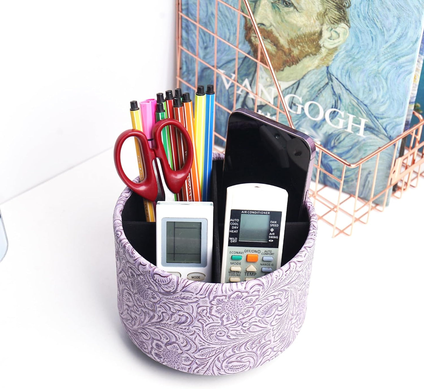 lizimandu Round Leather Art Supply Organizer,Remote Control Holder,360 Degree Spinning,Multi-Functional Pencil Holder,4 Compartments Desktop Stationary Organizer(1-Carved Puple)