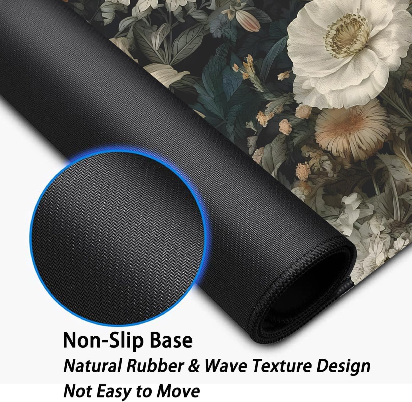 Black Background Flowers Desk Pad Mouse Pad,Large Floral Mouse Mat with Stitched Edges,Non-Slip Rubber Base Elegant Mousepad for Office PC Keyboard Laptop and Home Work Desk Mat(27.5X11.8 in)