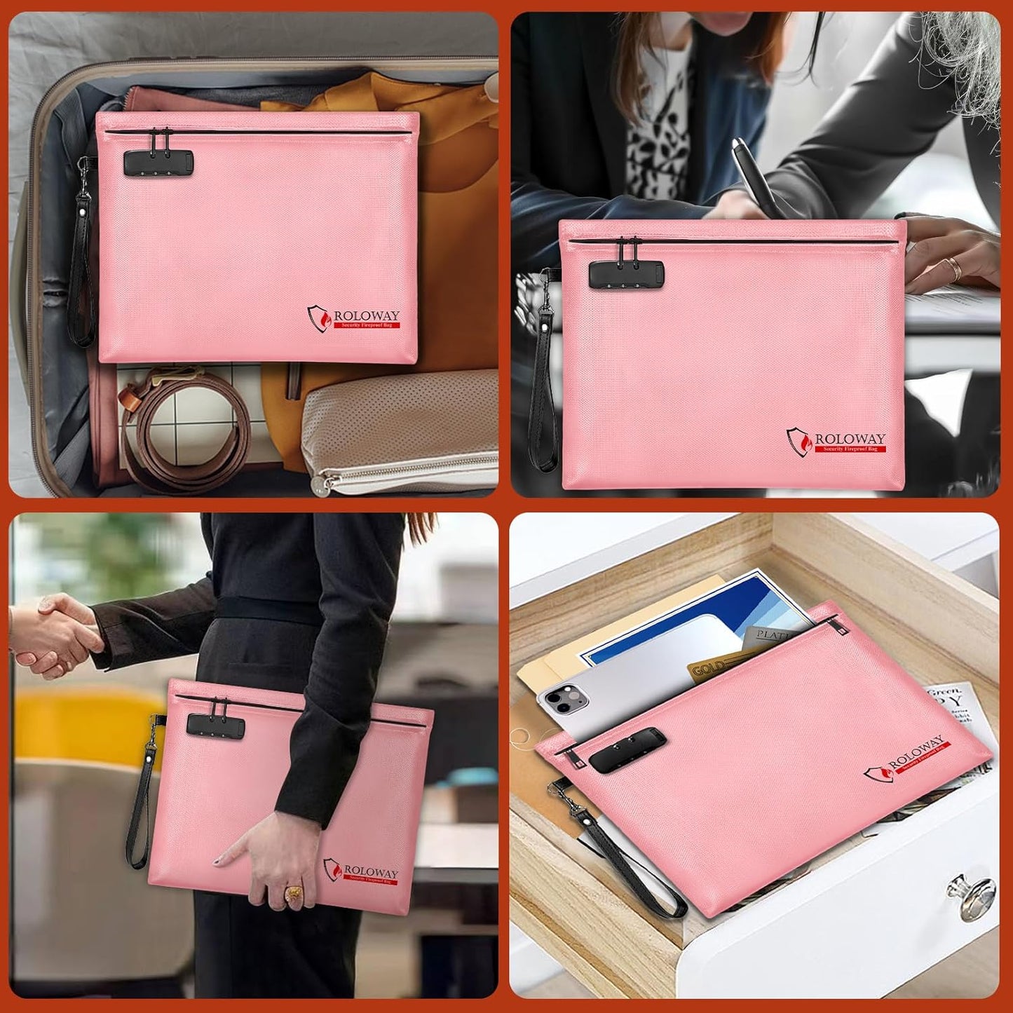 ROLOWAY Fireproof Document Bag (14.5 x 11.5 inch), 6400℉ Fireproof Money Bag with Zipper for Cash, Fire Safe Money Pouch with Lock (Pink)