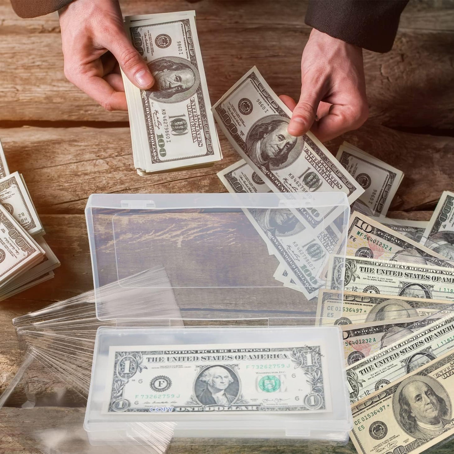 200 Pieces Currency Sleeves, Dollar Bill Holder with Storage Case for Collectors, Plastic Paper Money Holders Money Sleeves Protector for Bills, Album Banknotes Stamp Paper Protector Slab Holder