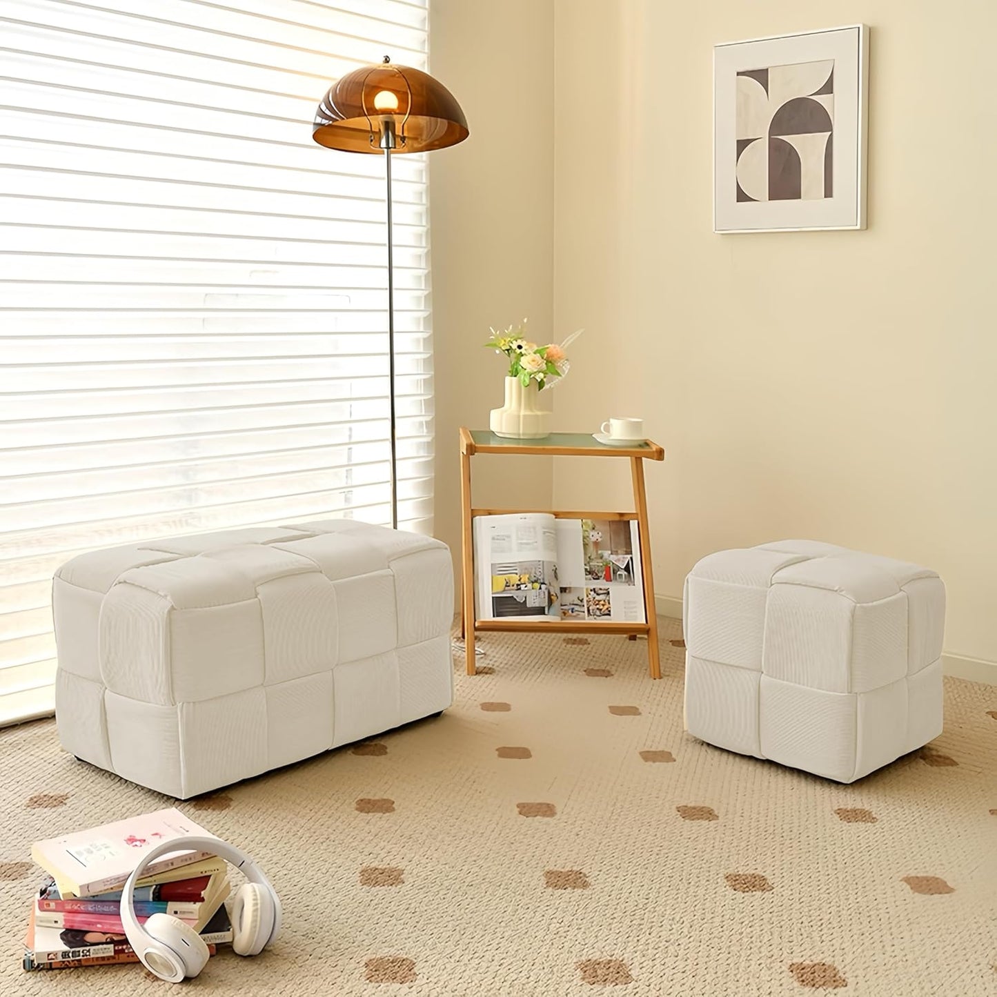 Ottoman Foot Rest Soft and Comfortable Ottoman Square Corduroy Woven Design Sofa Stool (White-L)