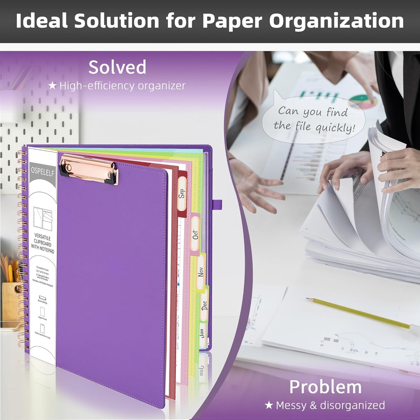 Ospelelf Leather Spiral Clipboard Folder with Storage Zipper Pouch, Foldable Clipboard Folio with Notepad for Letter Size, 5 Folders with 10 Pockets, 39 Divider Label Stickers (Purple)