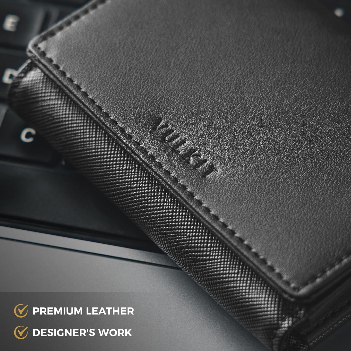 VULKIT Business Card Holder Premium Leather RFID Blocking Card Case With ID Window Magnetic Closure Holds Up to 40 Business Cards