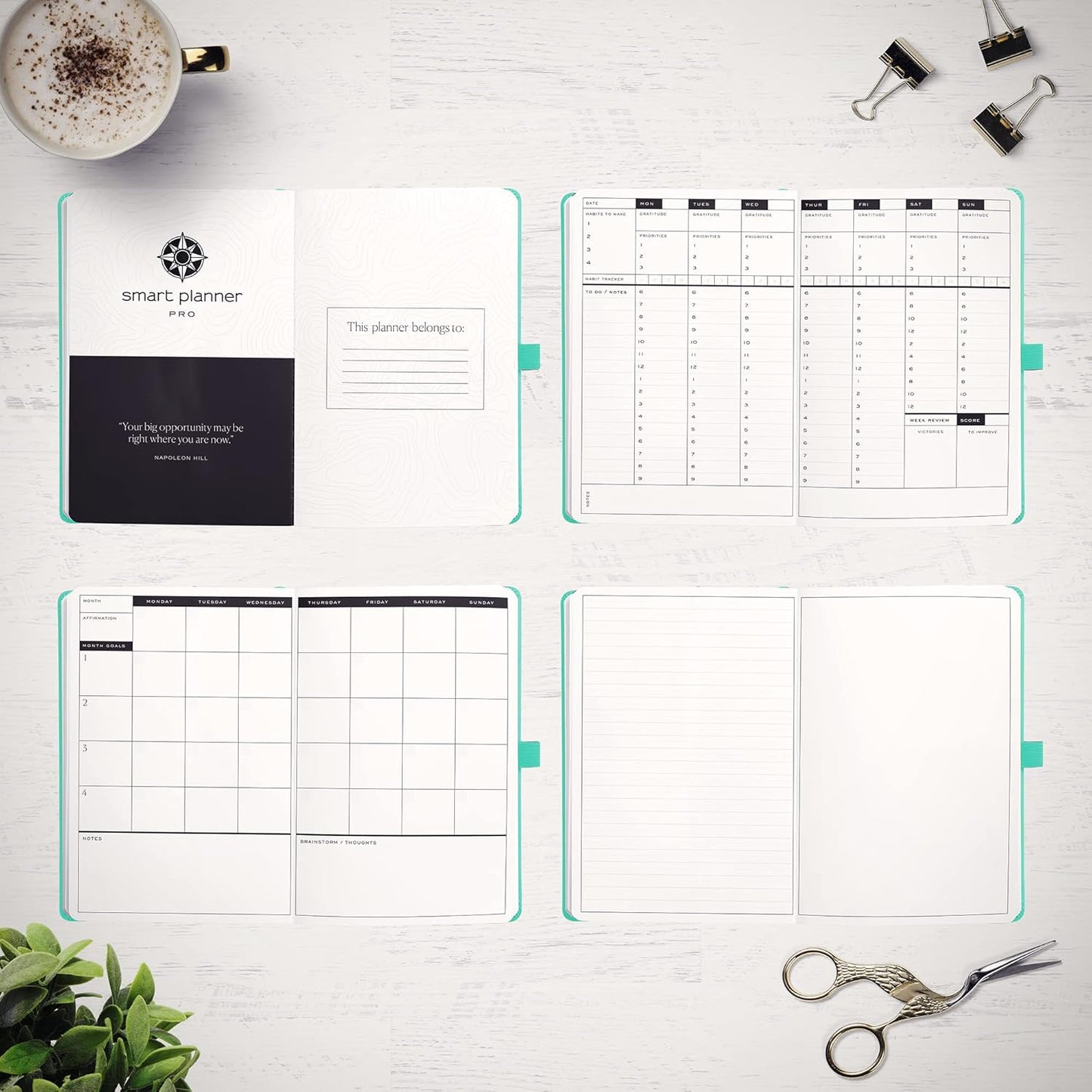 Smart Planner Pro – Undated Daily Planner – Small A5 – Achieve Goals & Increase Productivity – Weekly, Monthly, Work Sections, Organizer Diary with Back Pocket, 3 Satin Bookmarks & Pen Holder