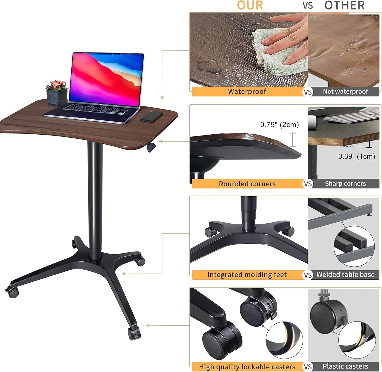 Pneumatic Adjustable Height Desk, Laptop Standing Desk, Rolling Sit-Stand Cart, Mobile Podium Portable Lectern for Home, Office& Classroom, 26" 19.3" Platform (29" to 46.9" H),Brown