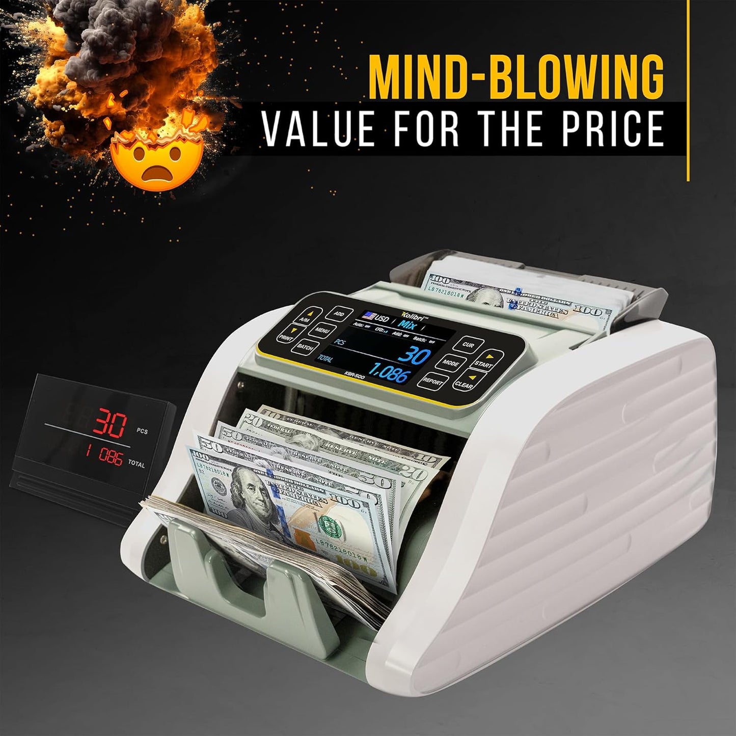 KOLIBRI KBR-500 Money Counter Machine Mixed Denomination | Business Grade Cash Counter Machine w/Advanced IR/UV/MG/MT/Counterfeit Detection, Multi-Currency (USD CAD MXN GBP EUR)