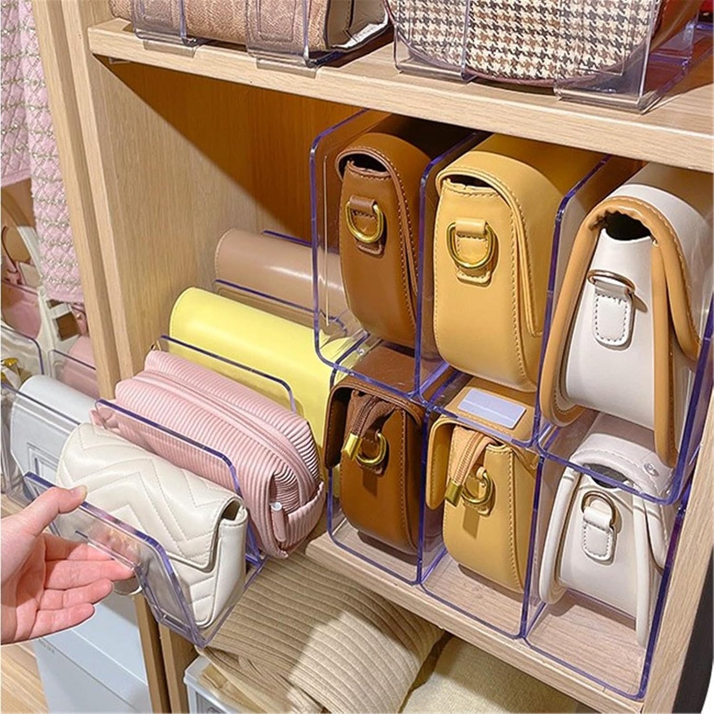 YAGELI Clear Acrylic Desk File Sorter Purse/Handbag Organizer Clutch Divider Mesh Folder Office Supplies Stand Bookshelf (3 Sections) (2Pack-4Sections)