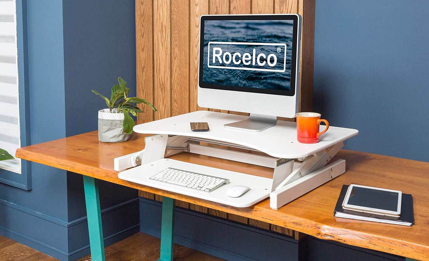 Rocelco 32" Height Adjustable Standing Desk Converter - Quick Sit Stand Up Dual Monitor Riser - Gas Spring Assist Tabletop Computer Workstation - Large Retractable Keyboard Tray - White (R ADRW)